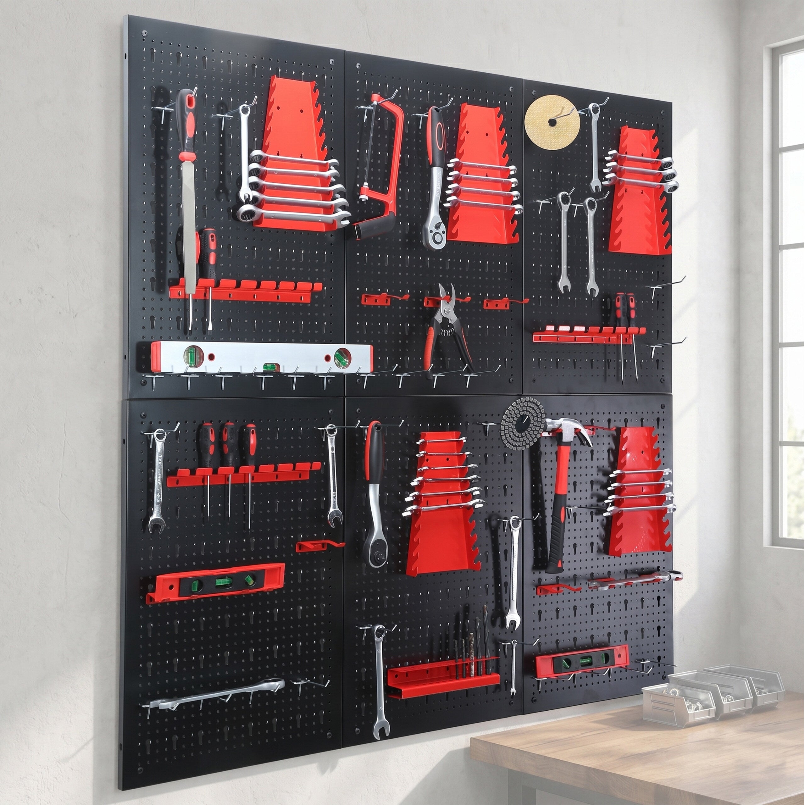 Panneau porte-outils 6 panneaux perforés, 58 accessoires, HxL 60x40 cm, métal, pour atelier, noir/rouge, Relaxdays - 2