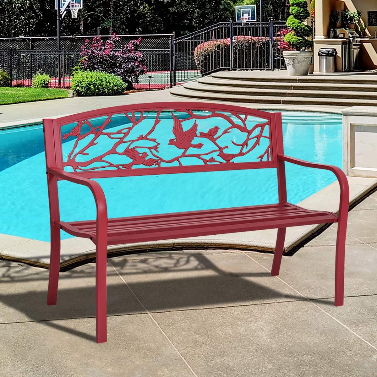 Banc de Jardin en Métal, Dossier Ergonomique avec Motif a l’Oiseau en Fer Forge, 2-3 Places, avec Accoudoirs et Dossier Ergonomique, 280KG,Rouge - 2