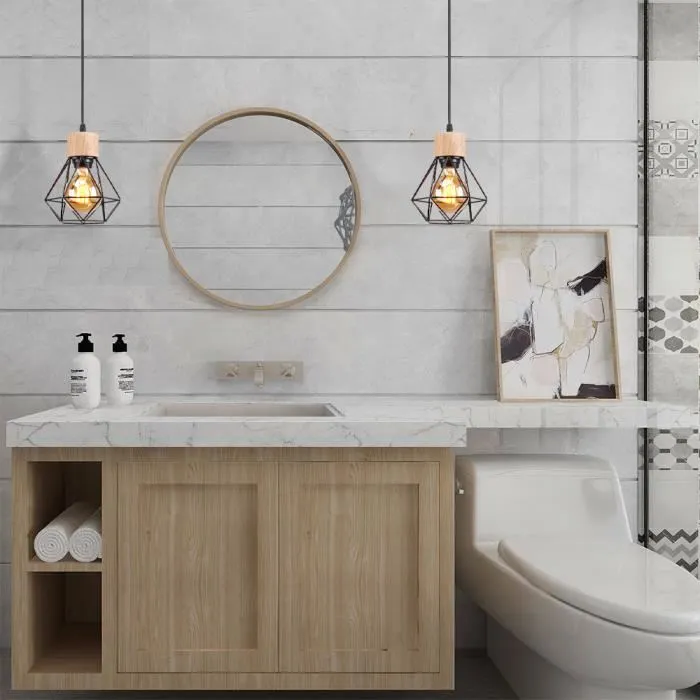 Lot de 2 lustres industriels, plafonniers cage en métal, suspension vintage, lampe suspendue, longueur de corde de suspension réglable (sans ampoule) - 7