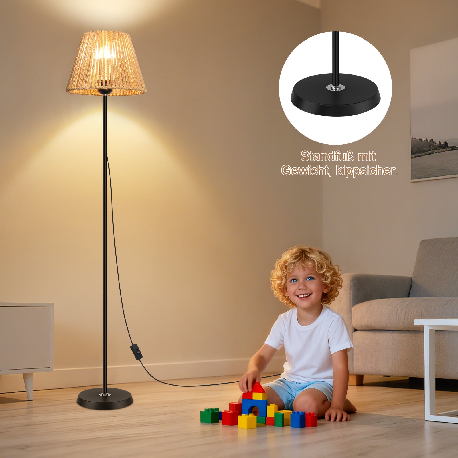 LOVHAUS Lampadaire Avec Abat-Jour En Rotin Tressé Avec Interrupteur Marche/Arrêt - 22 x 140CM - 8