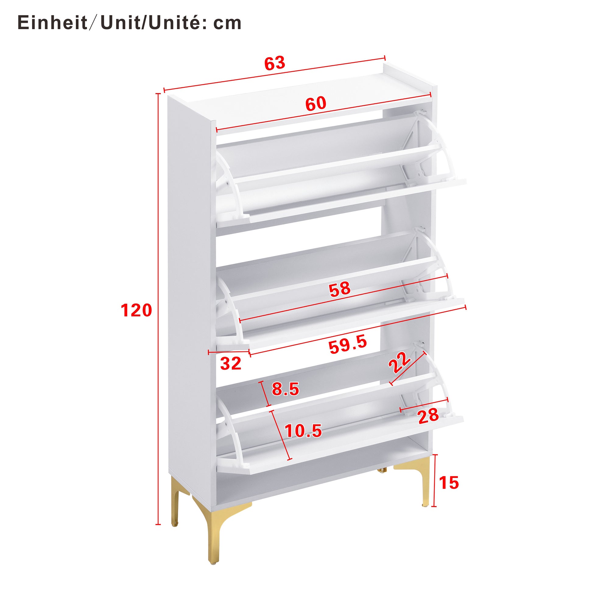 Nowoczesna szafa na buty 63x24x120 cm - 3 poziomy przechowywania - Nogi metalowe - MDF - Biały - 5