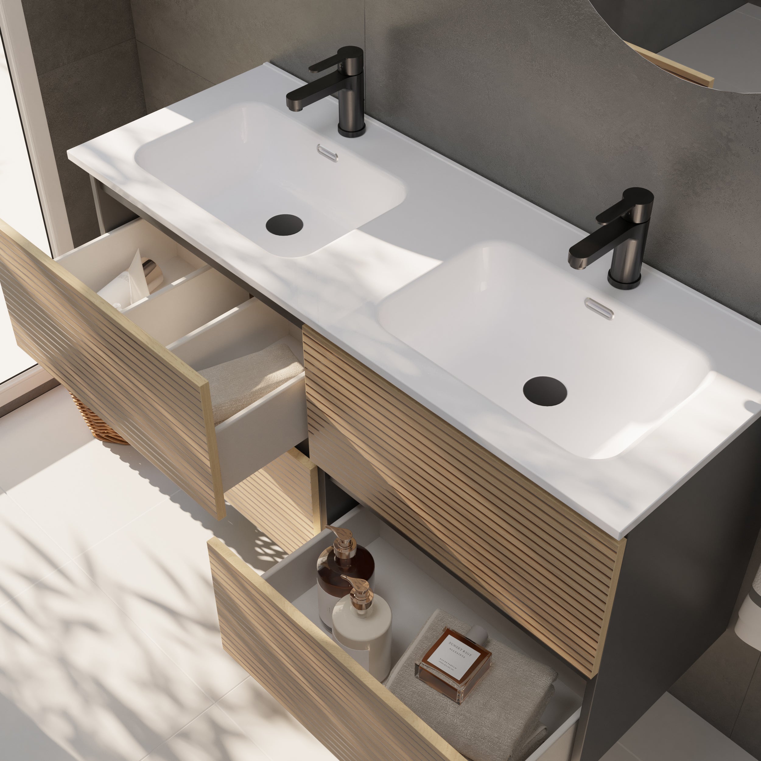 YINU SALLE DE BAIN | 120 CM NOIR - SOLOMON | QUATRE TIROIRS | LAVABO ENCASTRÉ | N'INCLUT PAS LE MIROIR | ALDAY - 2