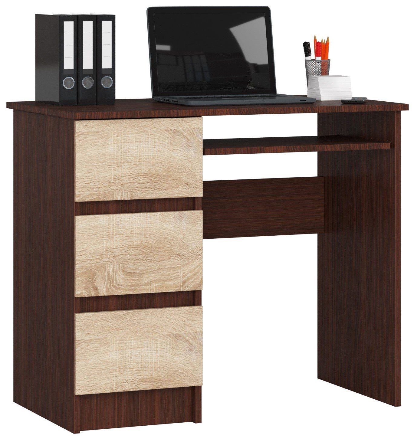 Biurko: 3 szuflady, wenge | dąb sonoma, 90 x 77 x 50 cm