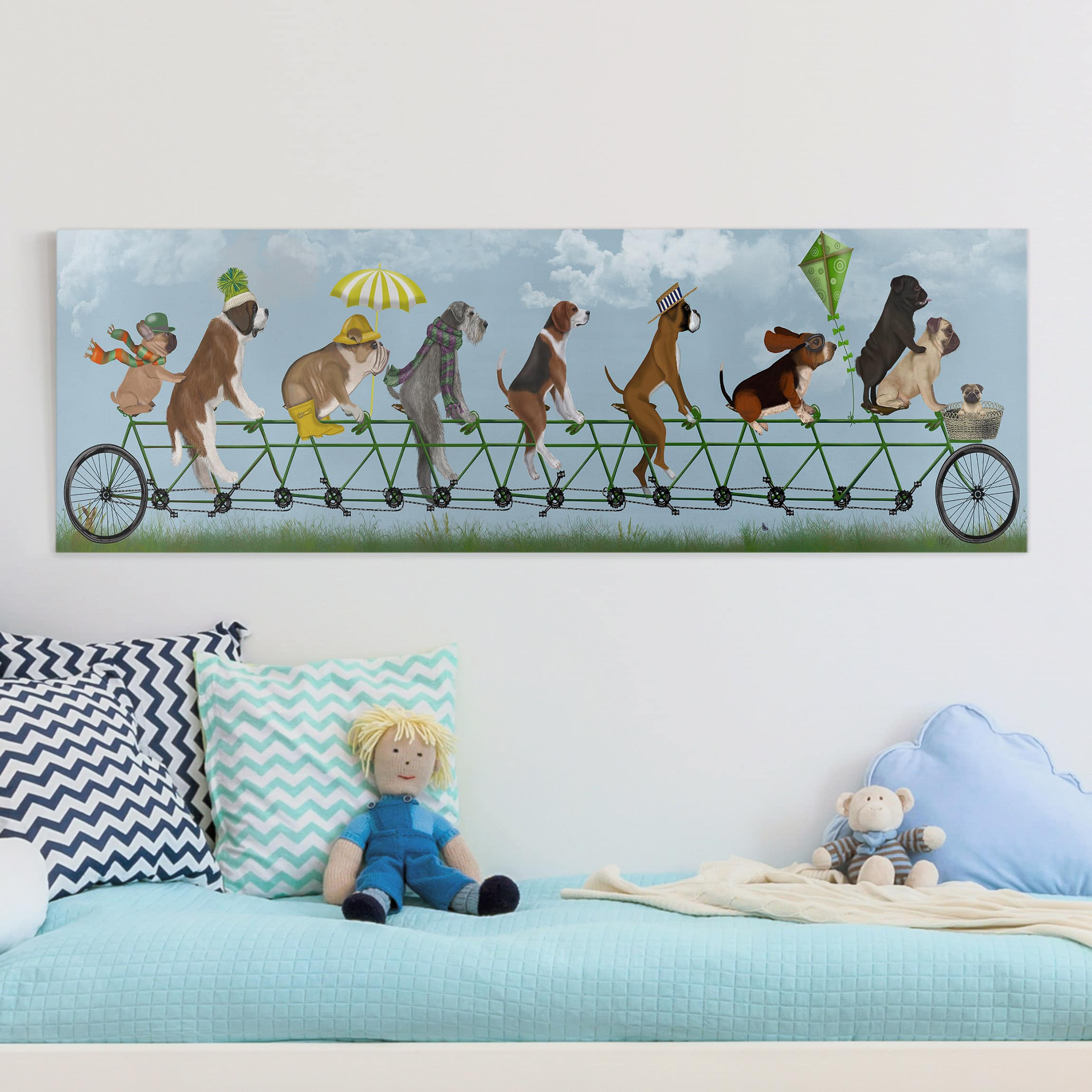 Lienzo cuadro en lienzo bastidor impresion en lienzo azul bicicleta niños bebé perro 273 habitación infantil habitación de bebé 150 x 50 cm