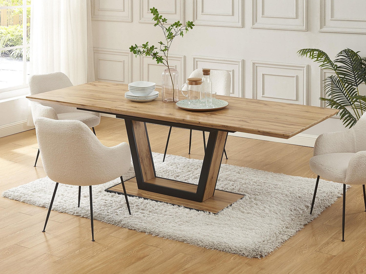 Rozkładany stół jadalniany 6-10-osobowy z MDF i metalu – naturalny i czarny – VITENO