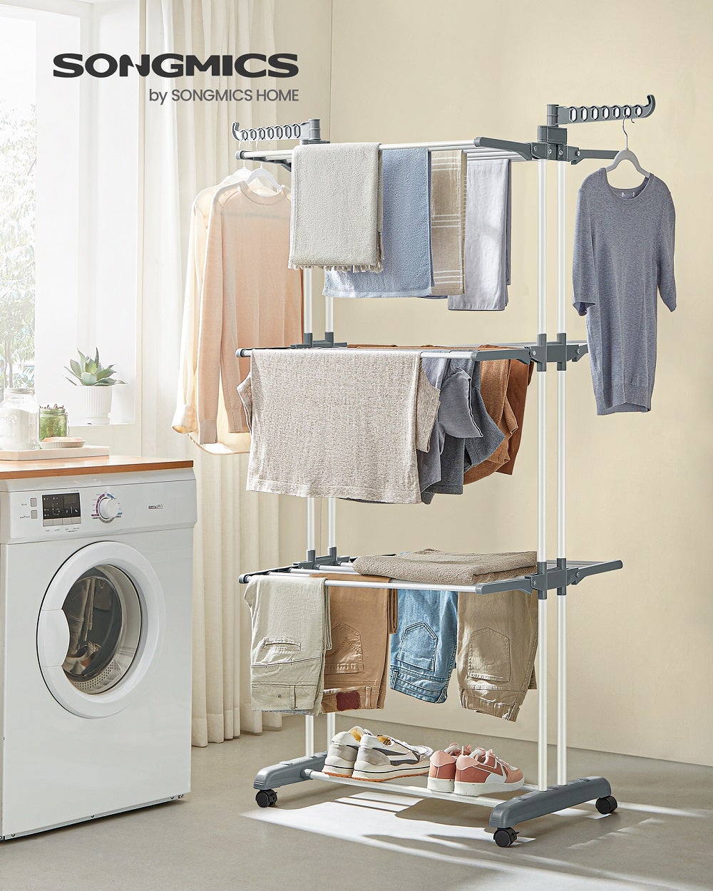 SONGMICS Étendoir à Linge, Séchoir Mobile à 4 Niveaux, avec roulettes, Pliable, 64 x 126 x 172 cm, Utilisation Intérieure et Extérieure, Blanc - 2