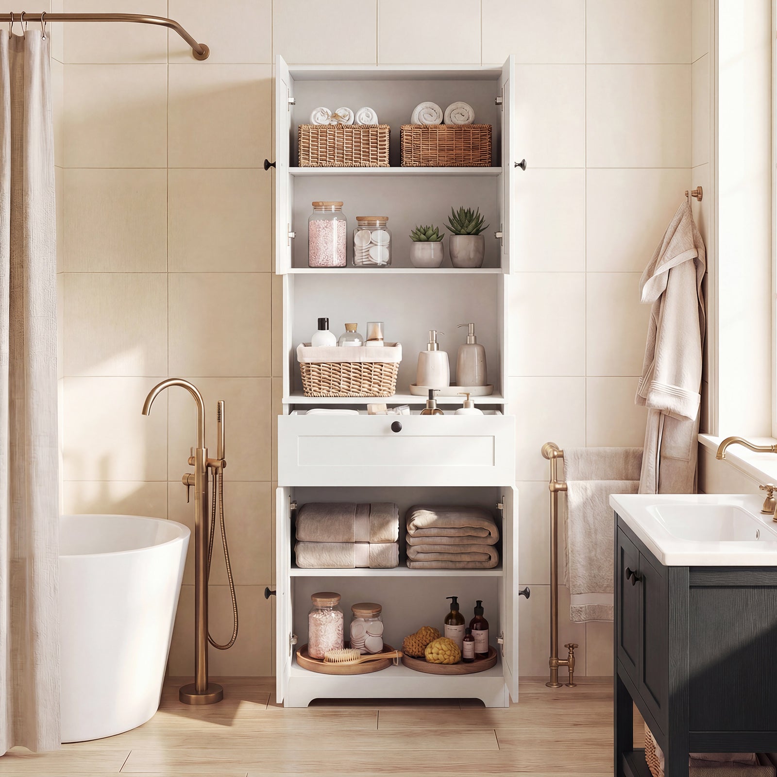 Mobiletto da Bagno Alto 171,5 CM, Armadietto da Terra con 4 Ante e 1 Cassetto, Vano Aperto, Ripiani Regolabili, Organizer Moderno in Legno per Bagno - 8