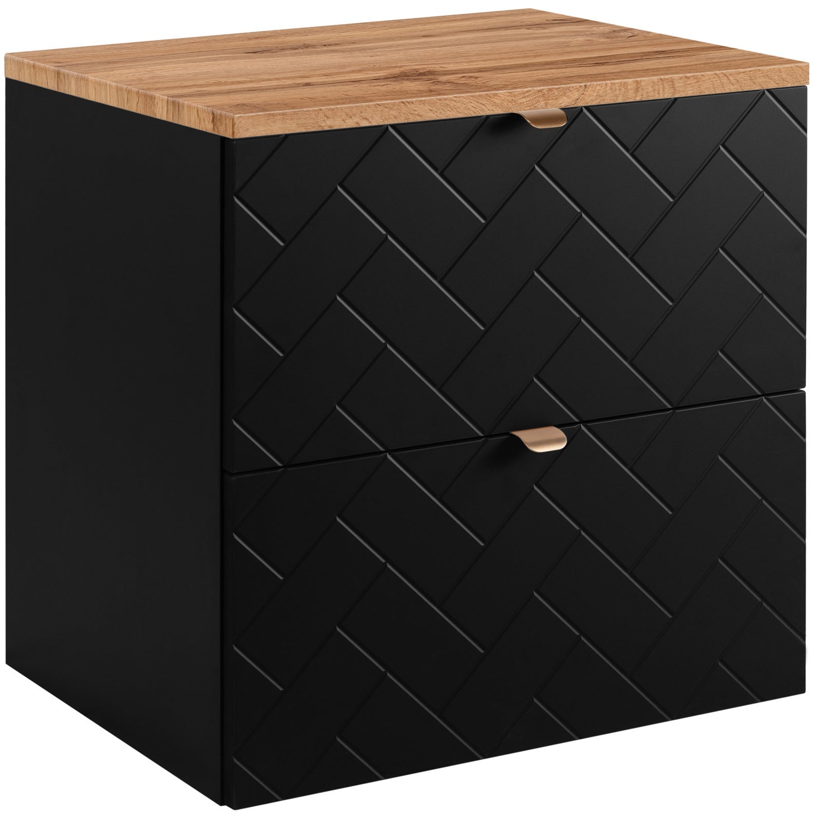 Czarna szafka pod umywalkę MADIS 60 cm z blatem dąb wotan, wisząca, frezowane szuflady