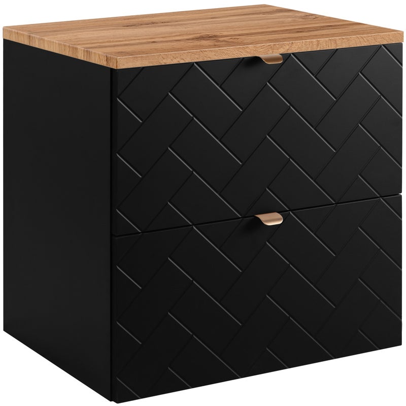 Czarna szafka pod umywalkę MADIS 60 cm z blatem dąb wotan, wisząca, frezowane szuflady