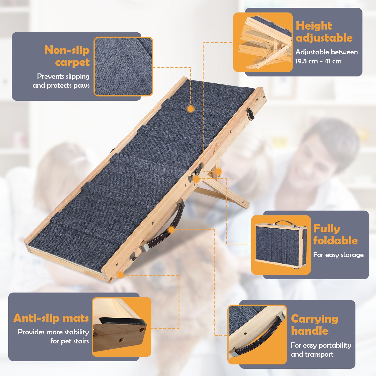 Rampa plegable de madera para perros y mascotas con alfombrilla de tracción antideslizante de 5 patas - 5