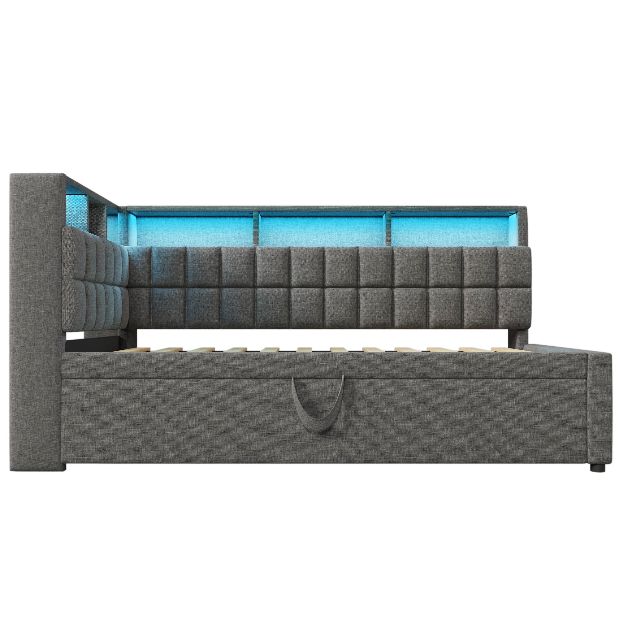 Sofa rozkładana 90x200cm - z wysuwanym łóżkiem - z oświetleniem LED - z głośnikiem Bluetooth i portem ładowania - tkanina lniana - szara - 8