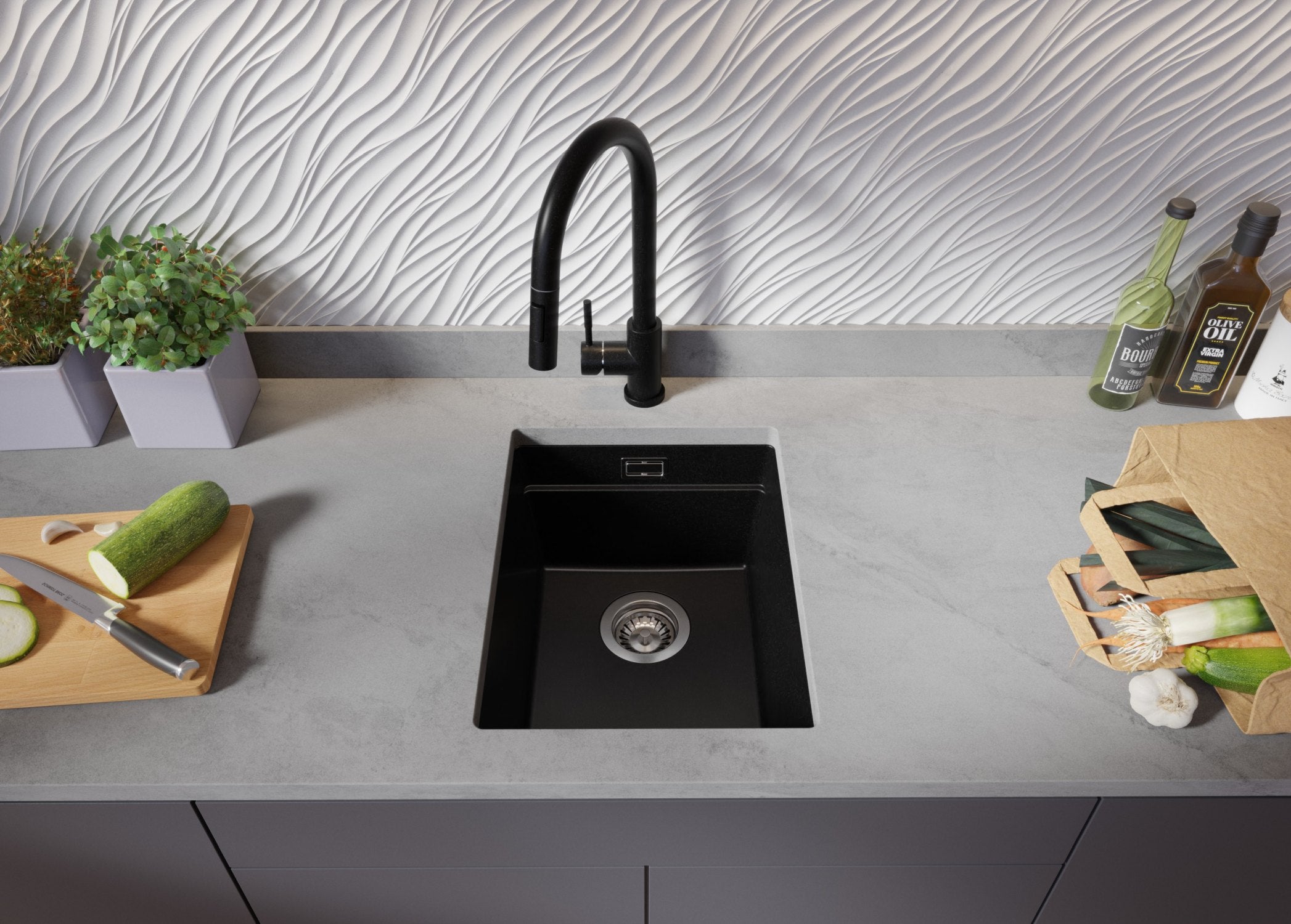 Lavandino sottotop Nero 36x47cm, Lavello in Granito a 1 vasca + Sifone Classico + Accessori, Lavabo da Cucina al mobile 40cm - Prague PRIMAGRAN - 4