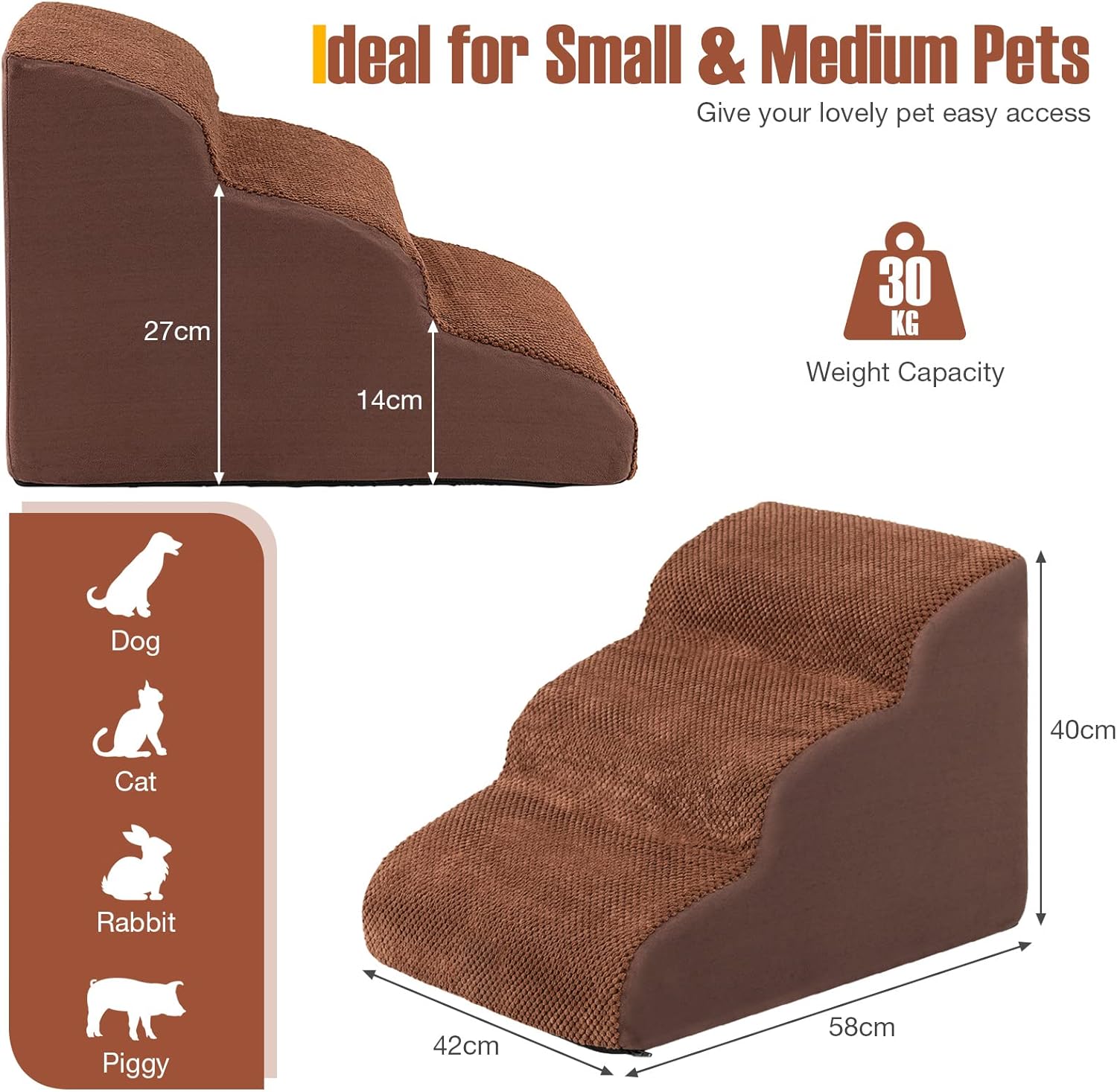 Escalier pour Animaux à 3 Marches en Mousse Haute Densité avec Brosse de Nettoyage, 58 x 42 x 40 cm - 4