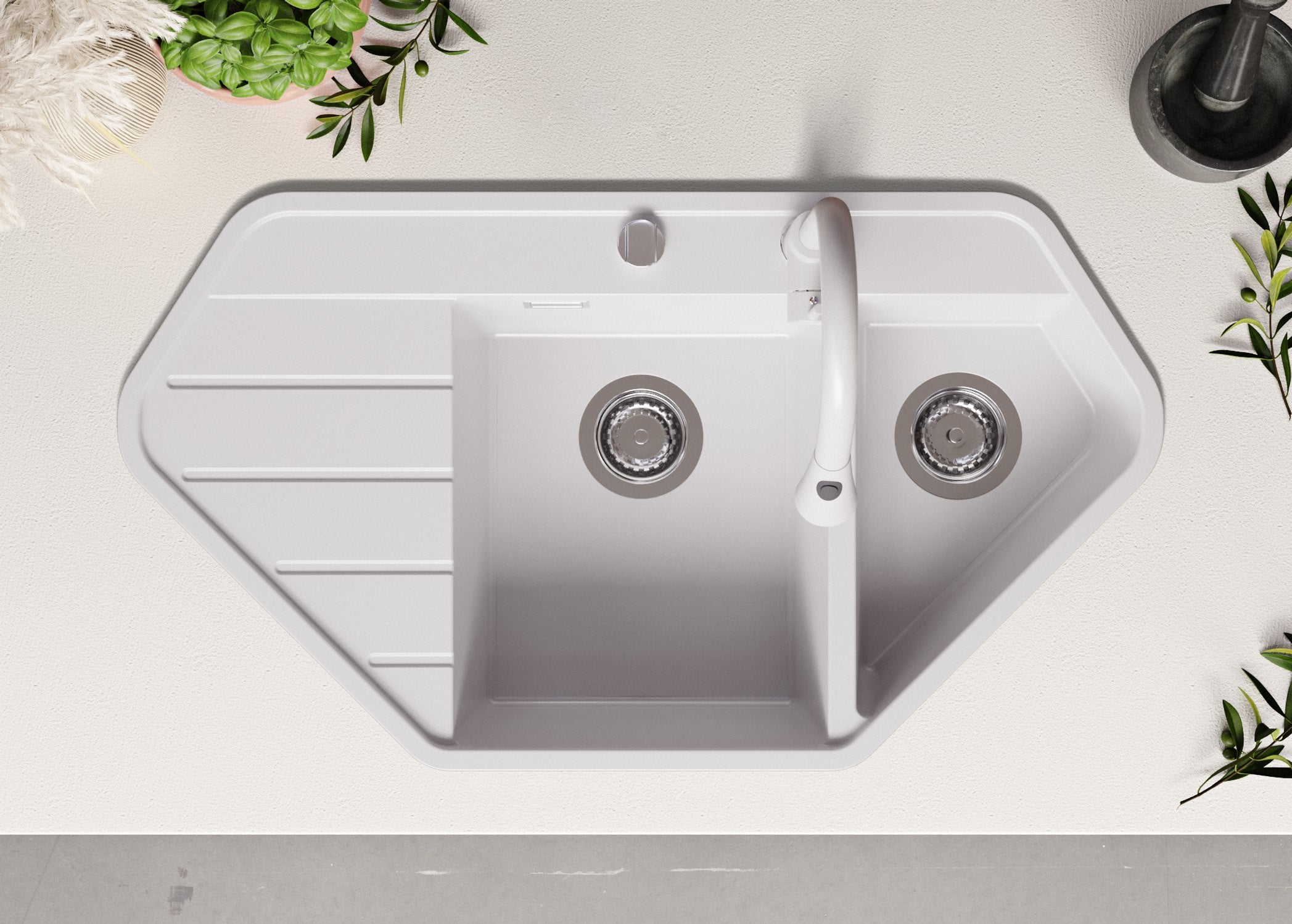 Lavandino Angolare Bianco 90x50cm, Lavello in Granito a 1,5 vasche + Sifone Classico + Accessori, Lavabo da Cucina Incasso al mobile 70cm PRIMAGRAN - 4