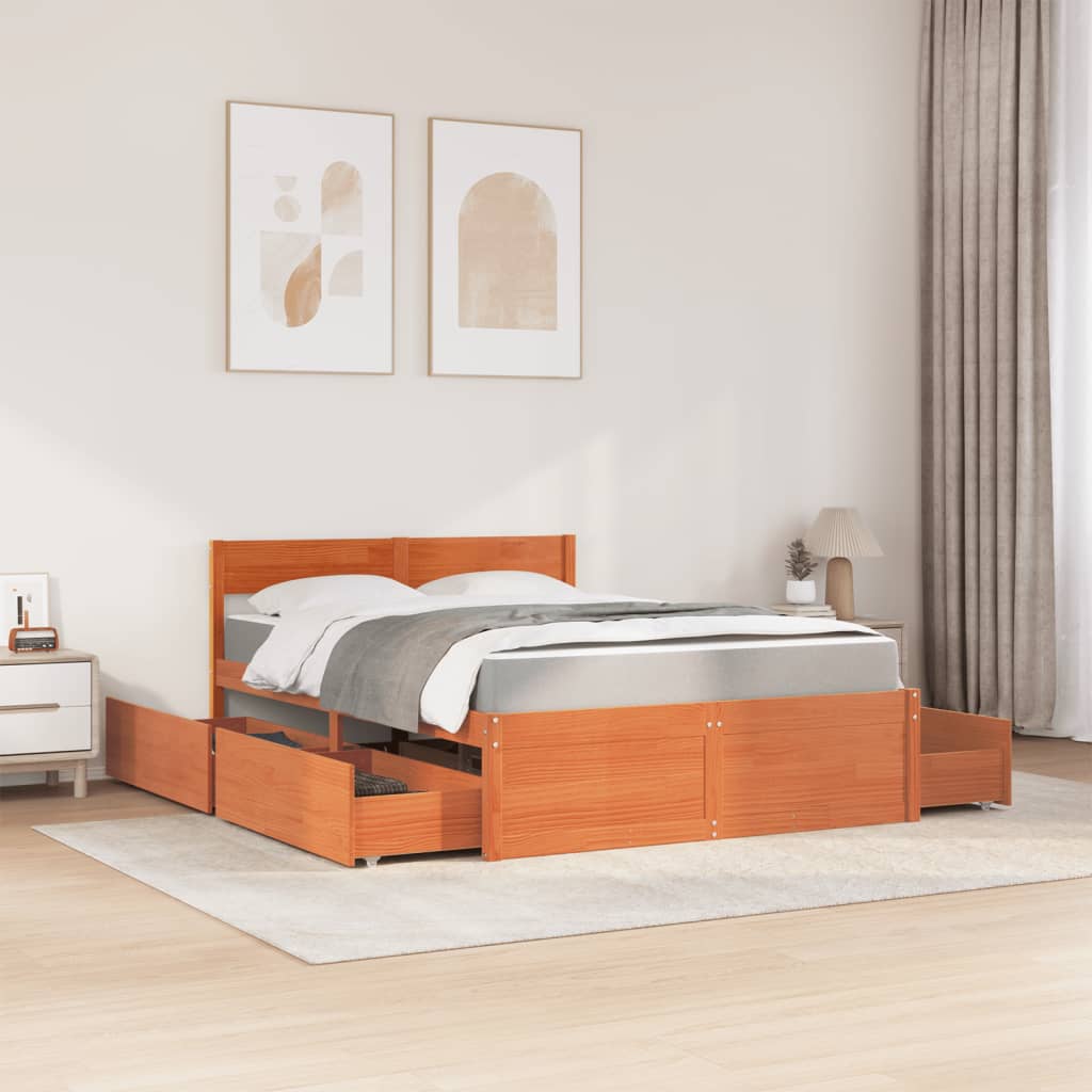 Lit avec tiroirs et matelas, bois massif de pin, cire marron, pour la chambre, 120 × 190 cm - 3
