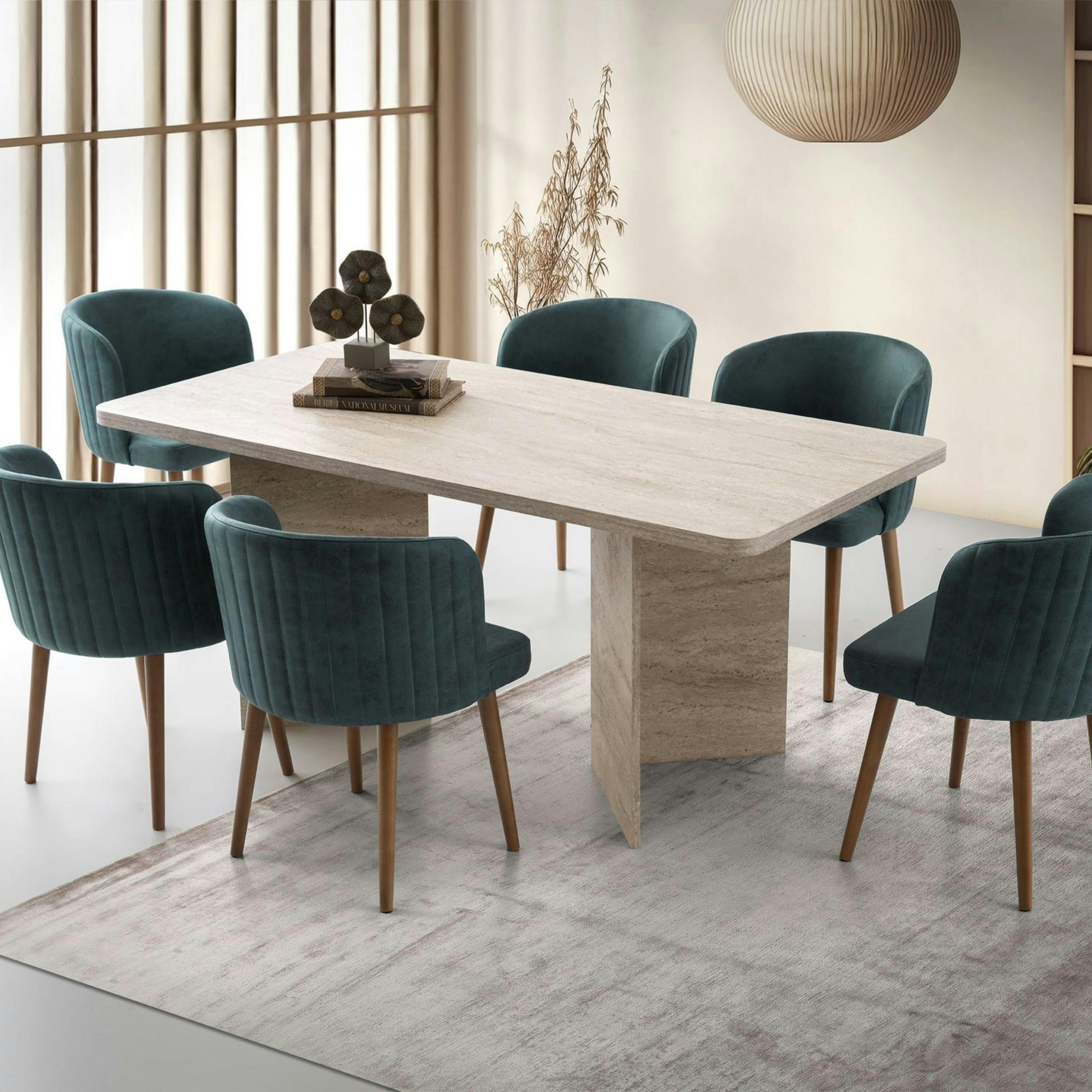 Table à Manger En Travertin Beige Houseofmarbre - 220x100 Cm, Hauteur 74 Cm