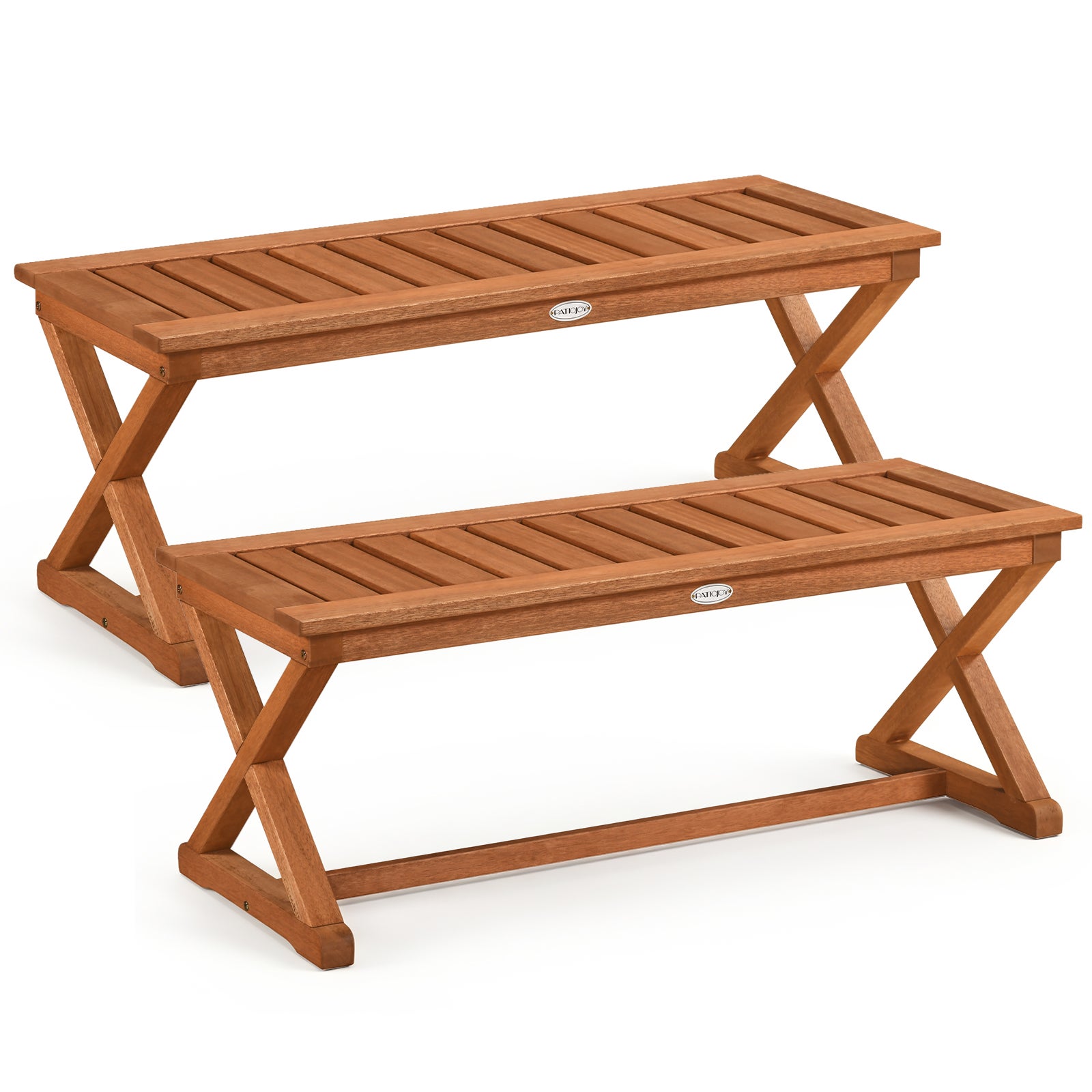 Set de 2 bănci de grădină din lemn de 110 cm, banc de grădină cu lamele fără spătar, cu structură în formă de X, capacitate 200 kg 2buc