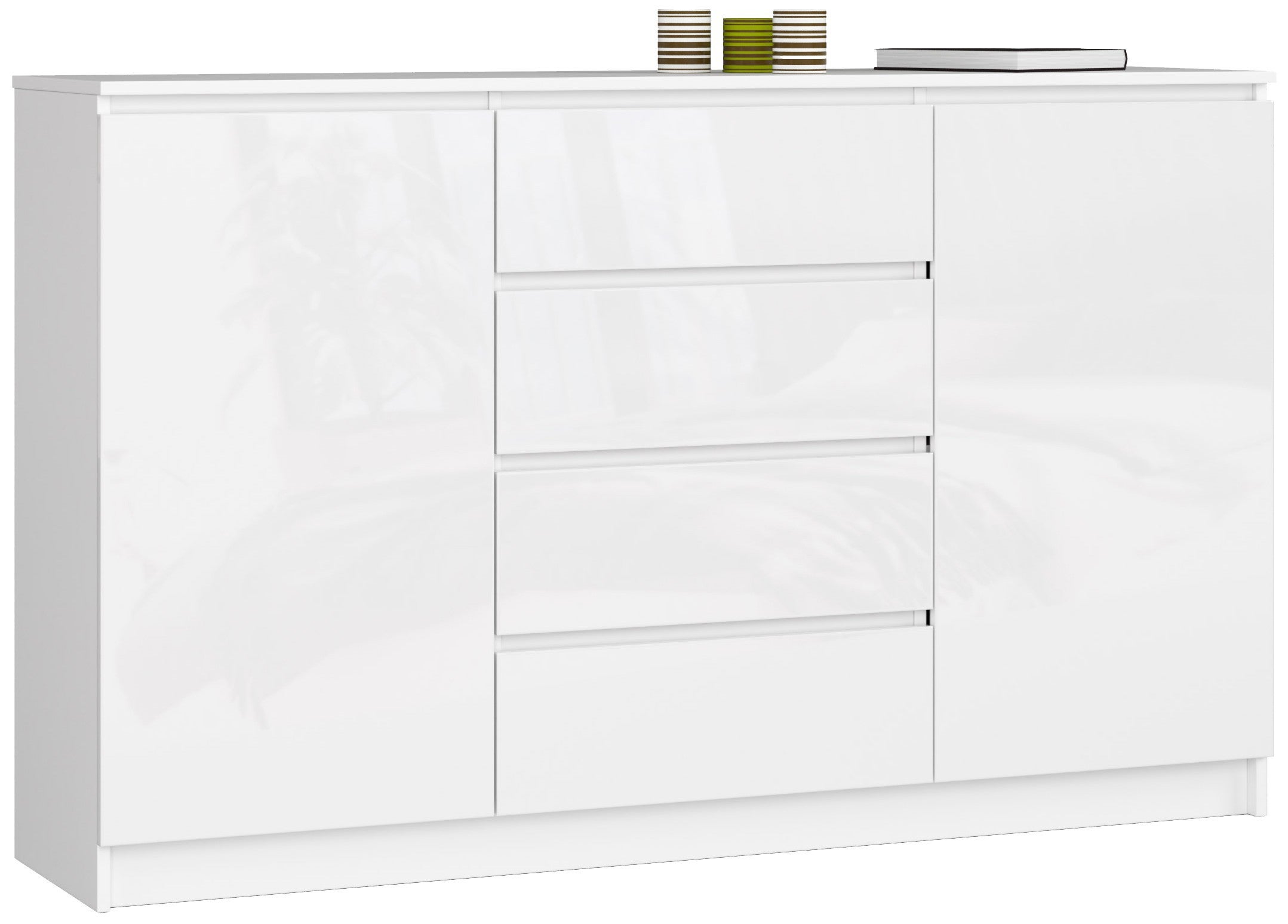 Komoda: 4 szuflady, 2 drzwi, 4 półki, biała | Biały połysk, 160 x 99 x 40 cm