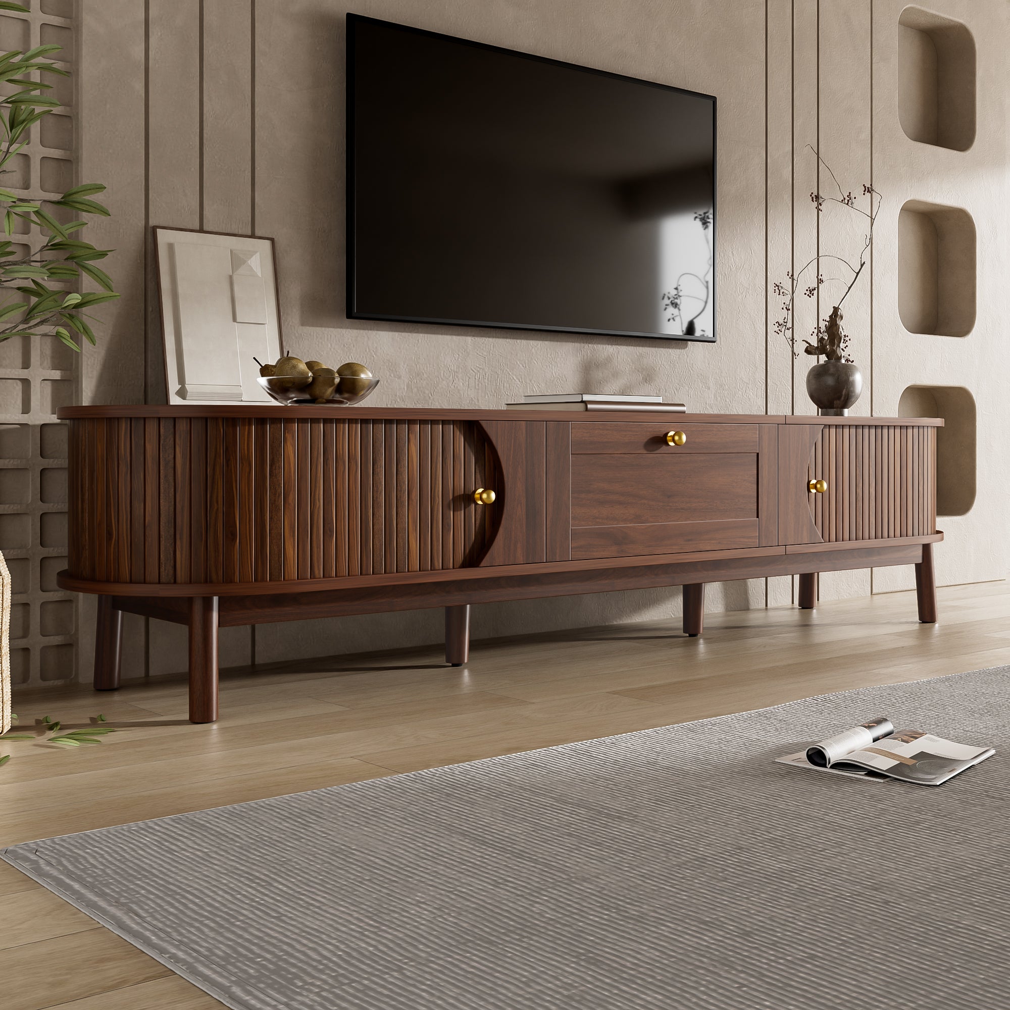 Nowoczesna szafka RTV z 2 drzwiami przesuwnymi i 1 szufladą - 170 x 39,5 x 38 cm - MDF i nogi drewniane - do salonu - orzech - 3