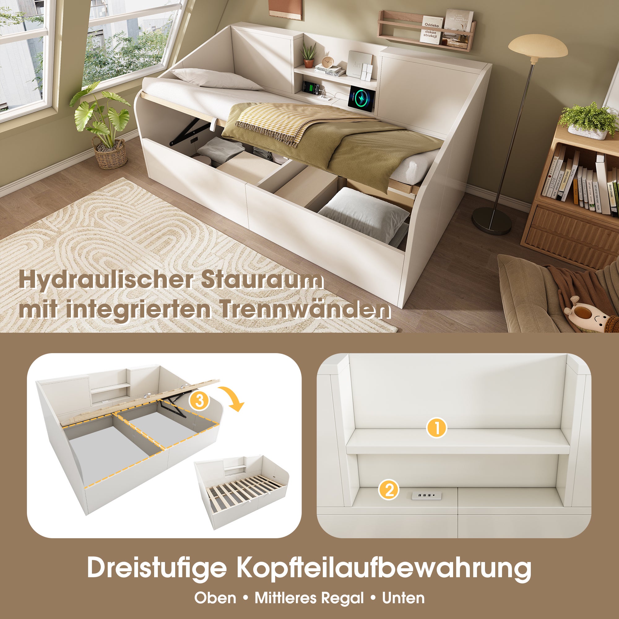 Łóżko z pojemnikiem 90 x 190 cm i 2 półkami – sosna + płyta wiórowa – porty ładowania USB/typu C – białe (materac nie jest dołączony) - 4