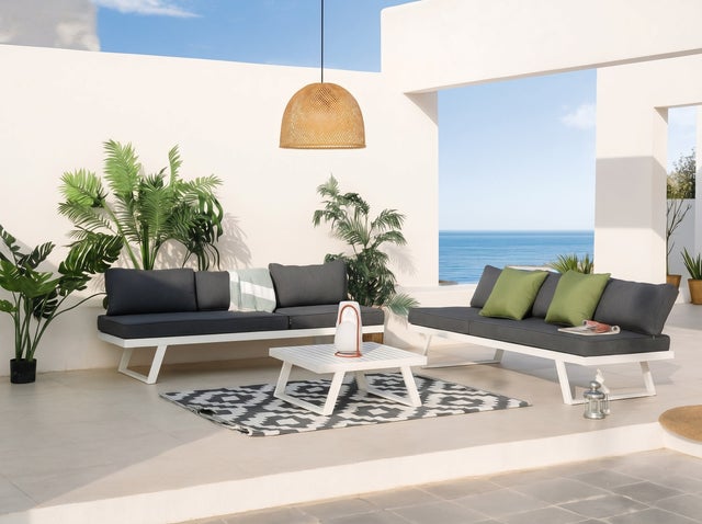 Set de porche de jardín esquinero Multifunción de aluminio Blanco y cojines en Gris Modelo Valencia