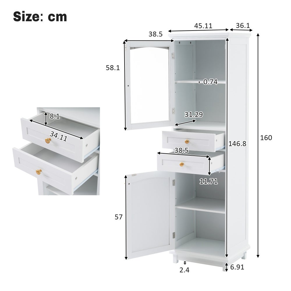 Armoire de salle de bain 45x36x160 cm avec portes vitrées, deux armoires et deux tiroirs, étagères réglables et fermeture magnétique - 4