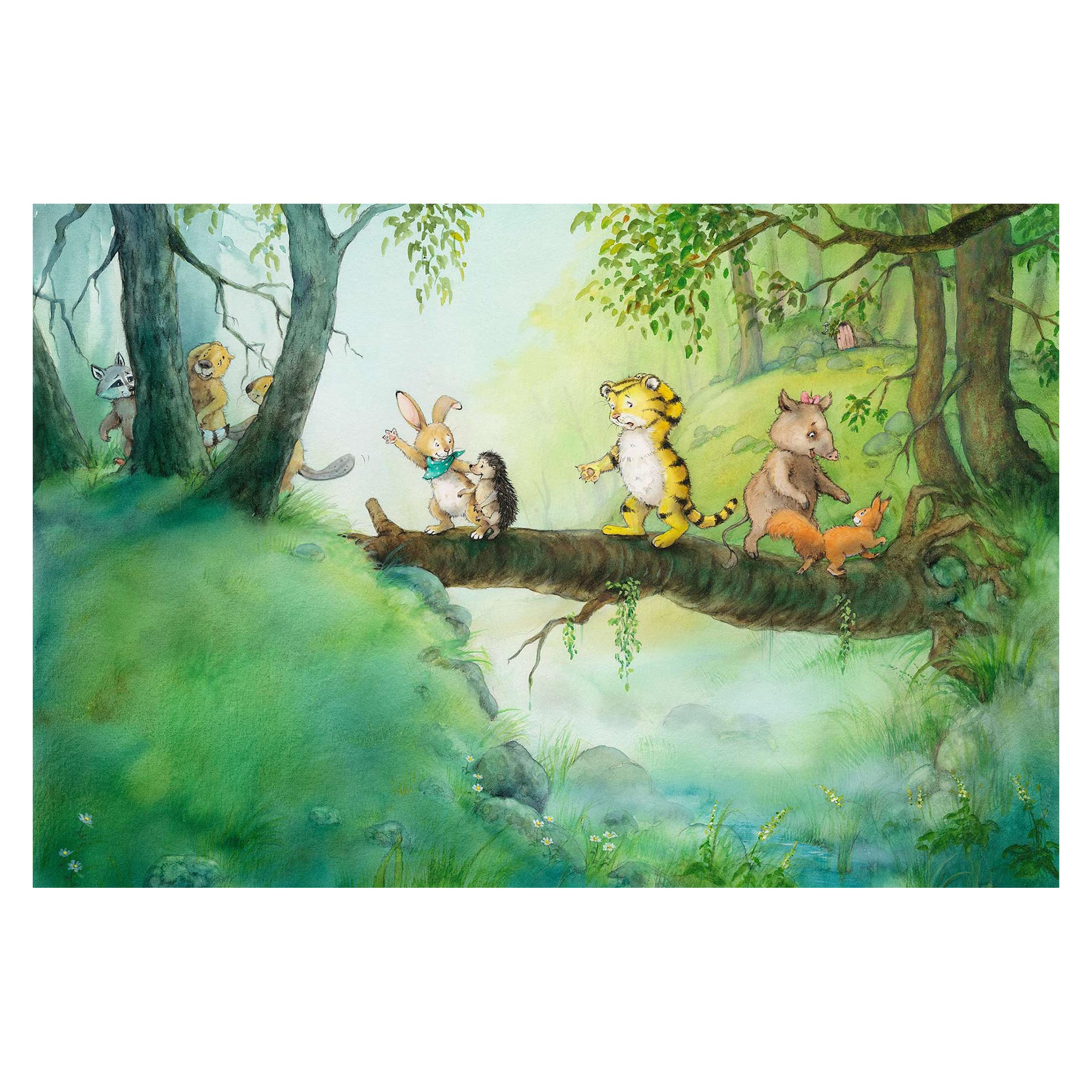 Papel pintado fotomural tigre animales bosque acuarela 63 - habitación infantil niño niña bebé - tnt 336 x 225 cm smart