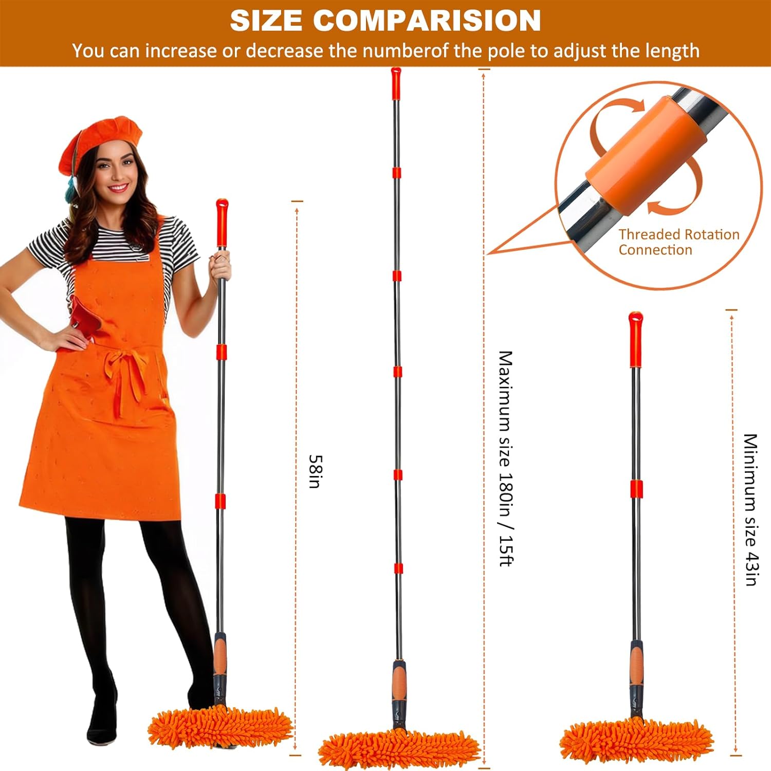 Nettoyeur de vitres 2 en 1 avec raclette et plumeau, portée de plus de 6 m - Outil rotatif avec perche télescopique de 0,9 à 4,2 m pour vitres et vitr - 4