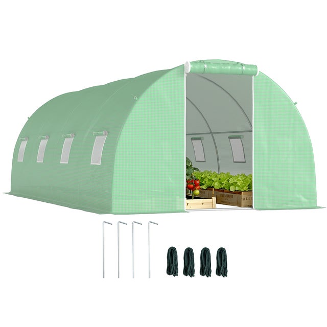 Serre de jardin tunnel - Outsunny - 18 m² 8 fenêtres porte zippée châssis acier galvanisé bâche PE - PE - 6x3x2m - vert