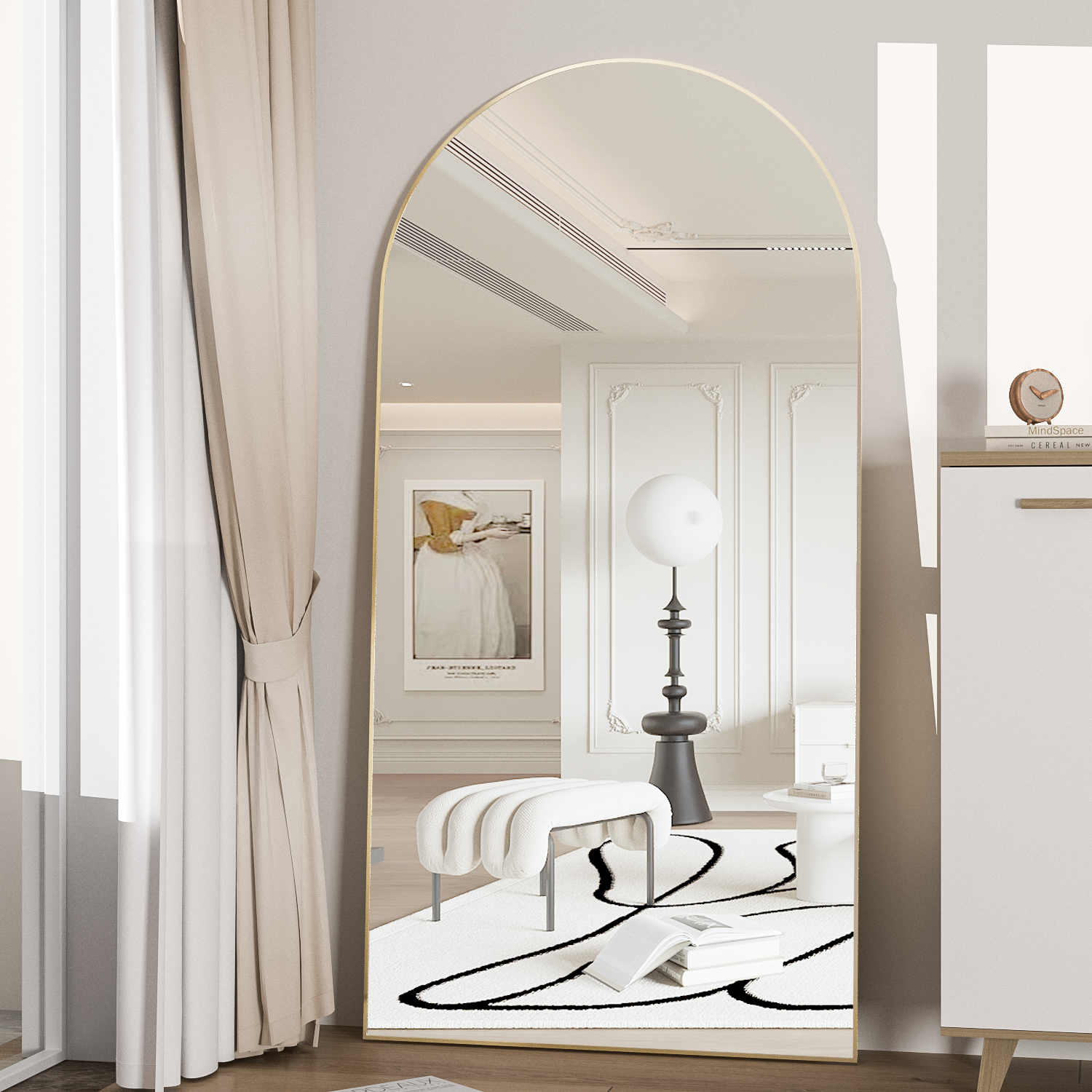Miroir incurvé, 180 x 80 cm, miroir pleine longueur, miroir de sol, miroir de toilette, miroir mural à cadre en aluminium, doré - 2