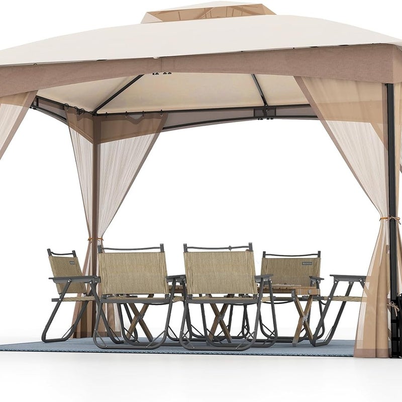 Altana Ogrodowa 3 x 3,6 m z Moskitierą, Obciążeniem, Ciężarkami, Pergolą, Podwójnym Wentylowanym Dachem, Kołkami do Podłoża, 4 Workami Piasku, Beżowy