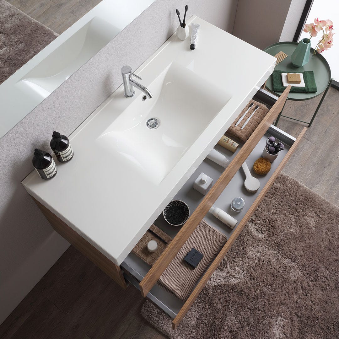 Meuble de salle de bains suspendu 120cm 2 tiroirs chêne naturel, lavabo et miroir 120x60 | Valentina - 7