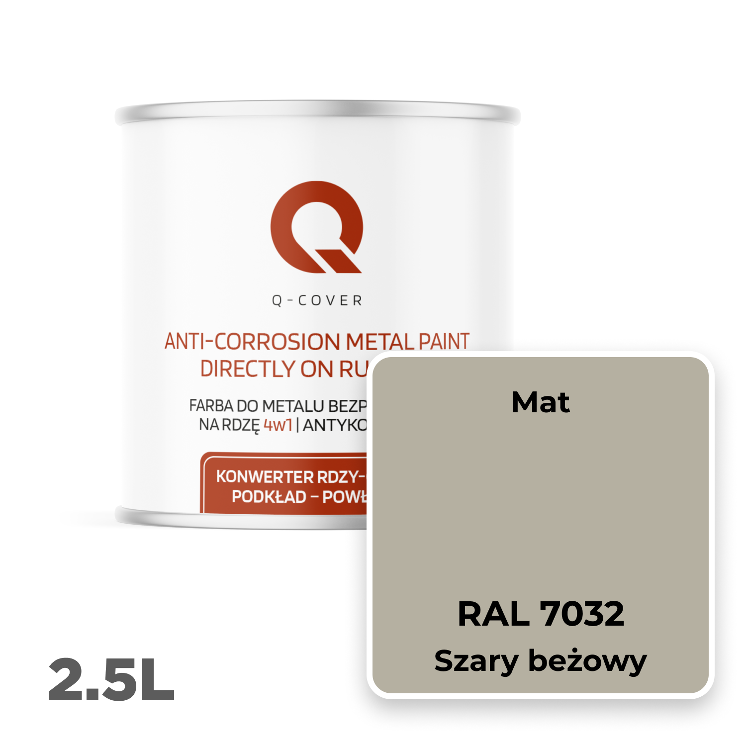 Farba do Metalu Prosto na Rdzę 4w1 Q-Cover Szary beżowy RAL7032 Mat 2.5L - 2