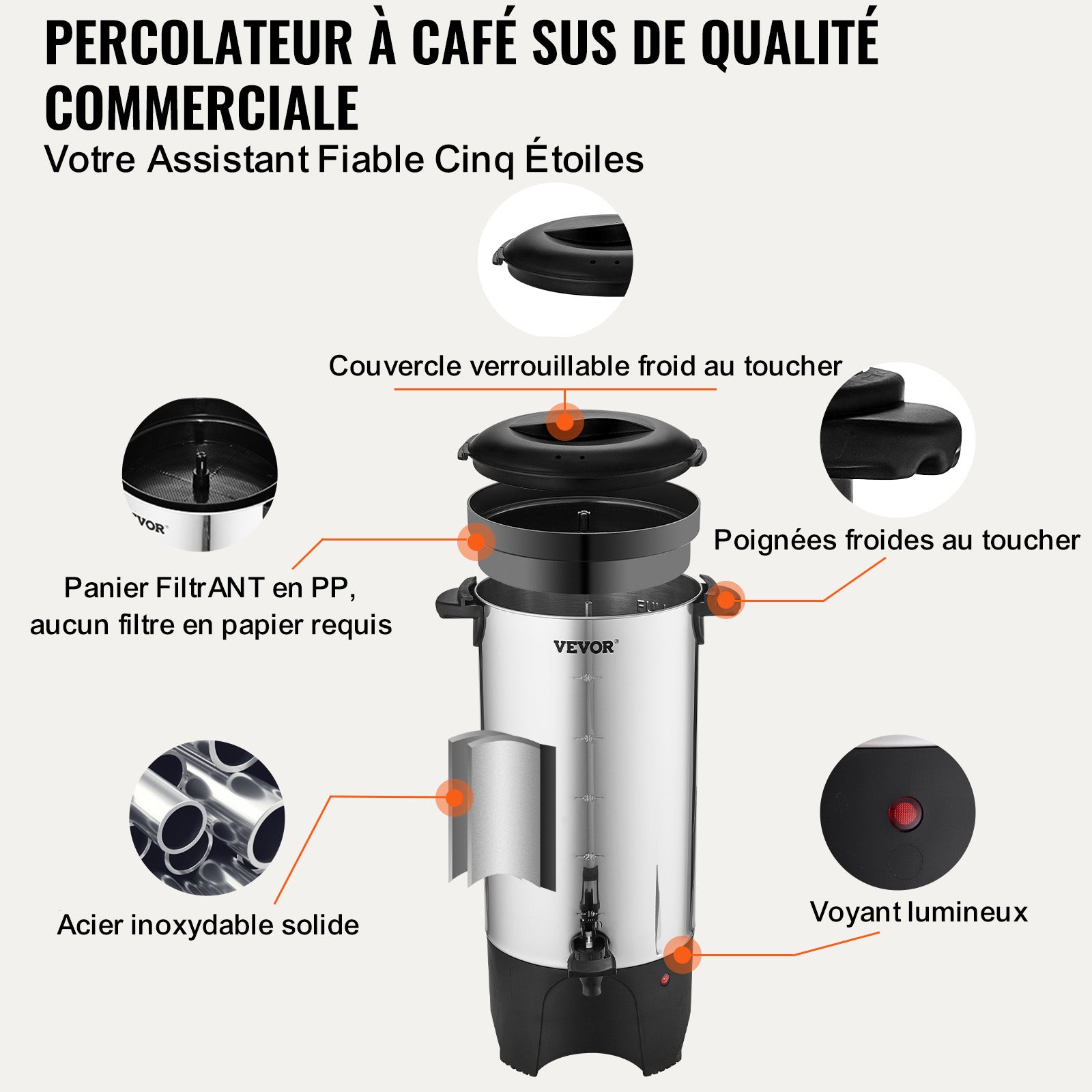 Percolateur a Cafe VEVOR 7,4 L 50 Tasses Distributeur de Boissons Chaudes en Acier Inoxydable Filtre Permanent Marmite a Vin Chaud 90-98 ℃ Maintenu - 6