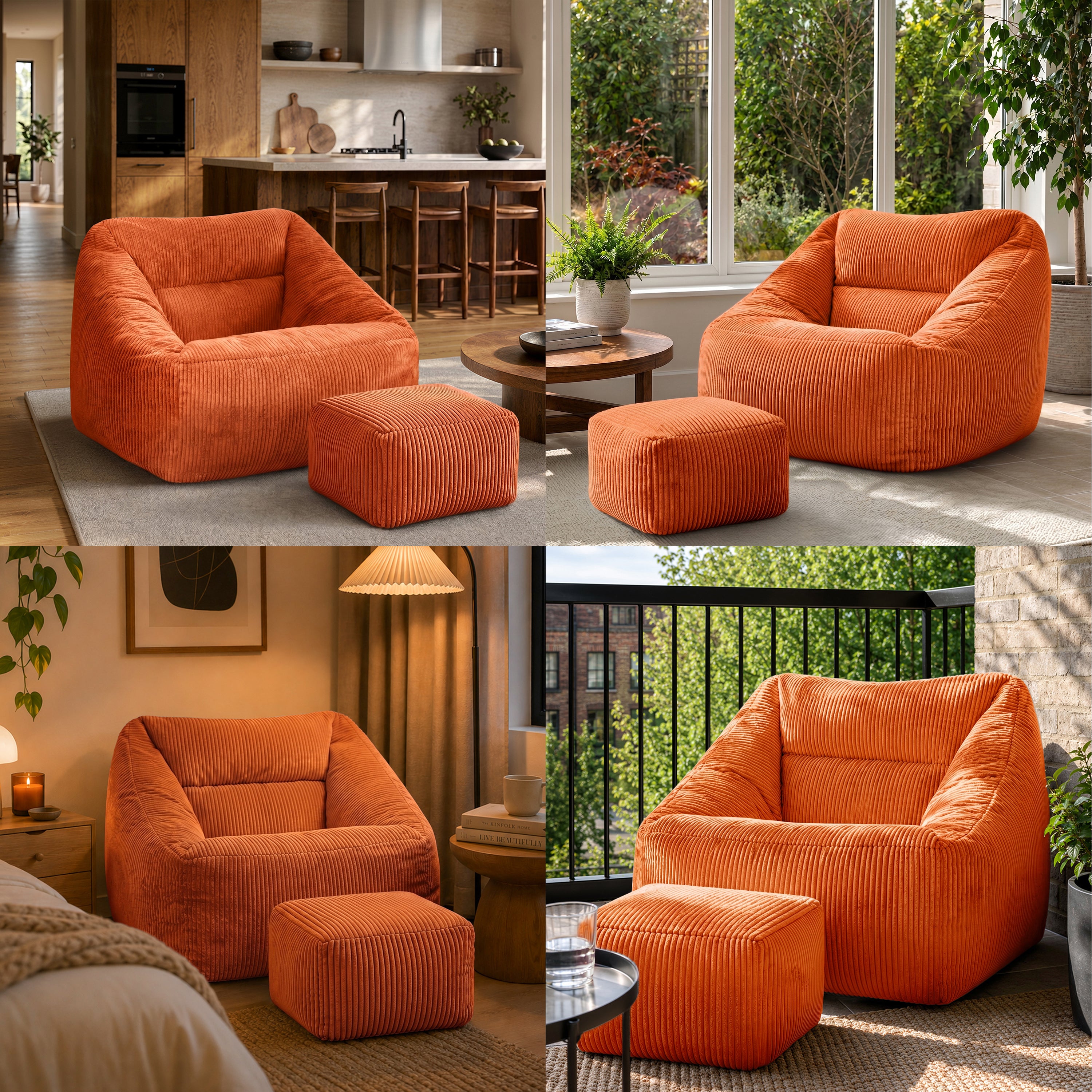 Pouf fauteuil salon avec repose-pied carré Icon velours côtelé orange 97x84cm Oeko-Tex® - 10