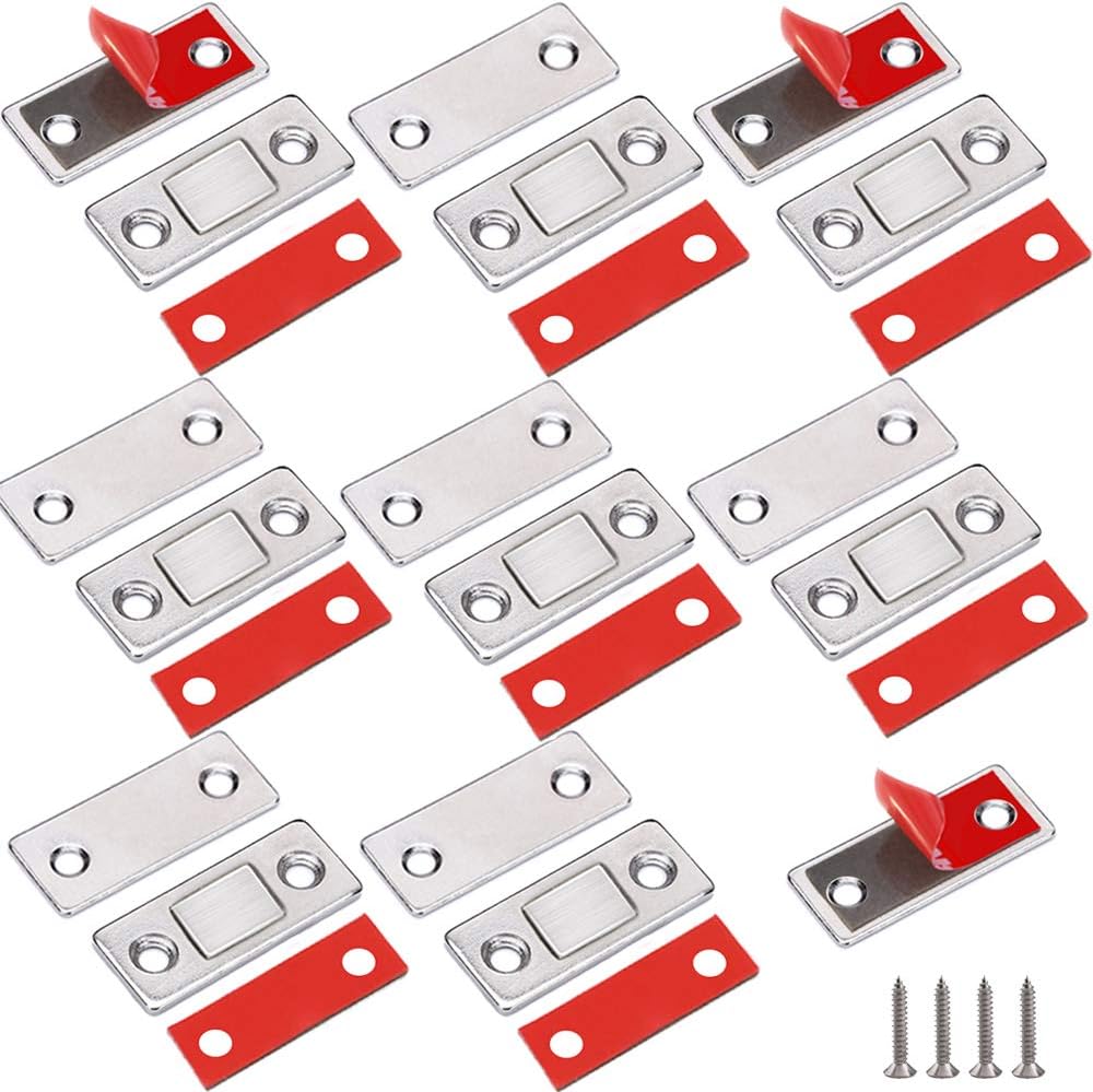 Magnetyczne zatrzaski do drzwi szafek, 8 sztuk, ultracienkie zatrzaski magnetyczne do przyklejenia na magnes, srebrne