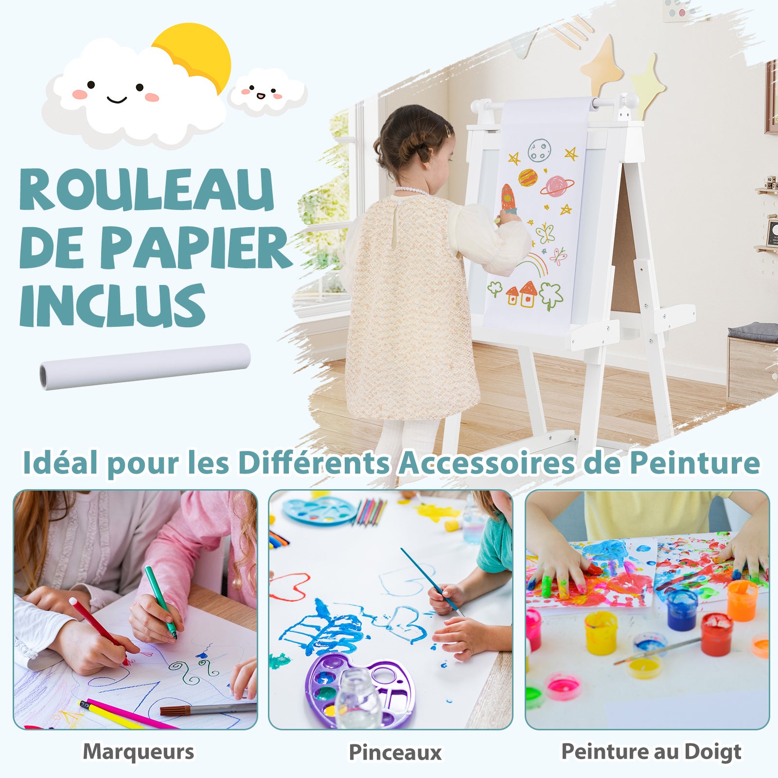 Chevalet Pliable pour Enfants, Double Face avec Tableau Noir et Tableau Blanc Magnétique, Rouleau de Papier Remplaçable, 3 Gobelets, Blanc - 6