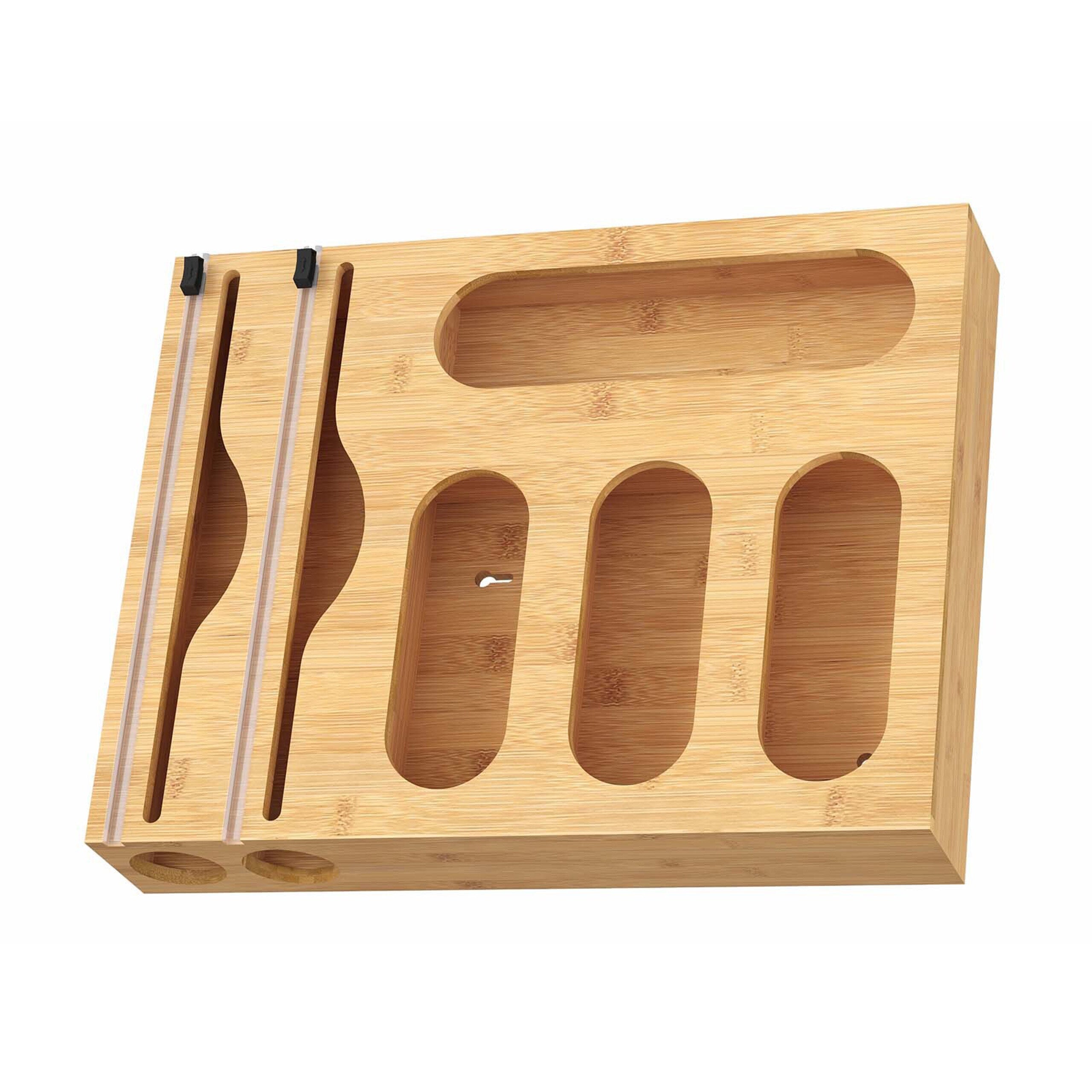 Coupeur Sac Congélation Organisateur Cuisine Bambou LudoHome 6-en-1 - Coupeur Film Aluminium, Distributeur Sacs - 43x33x9.6 Cm Range Film Alimentaire Bambou