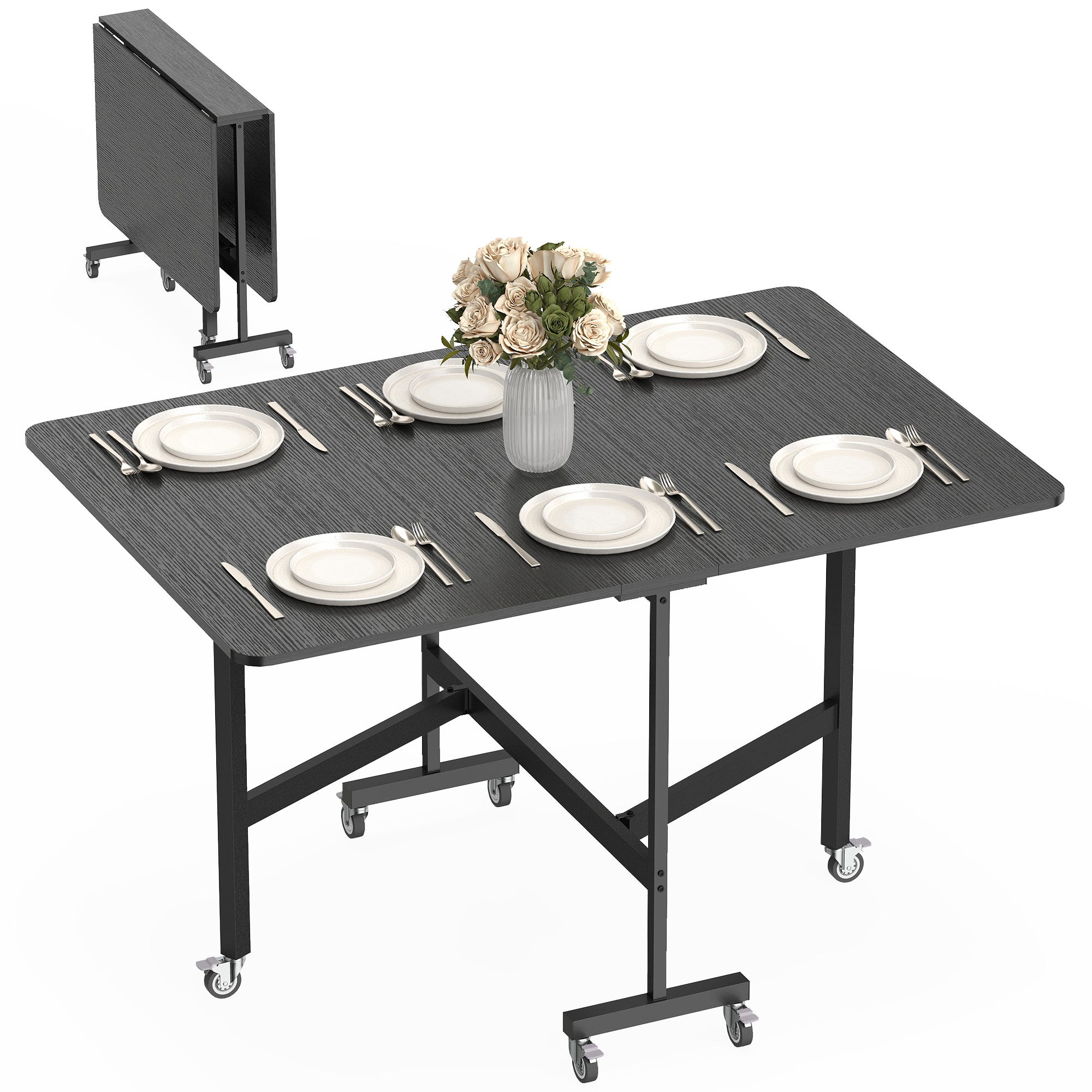 Esstisch Klappbar Küchentisch für 4-6 Personen mit 6 Rollen Mobiler Klapptisch für Kleine Räume 120x80x73 cm Schwarz