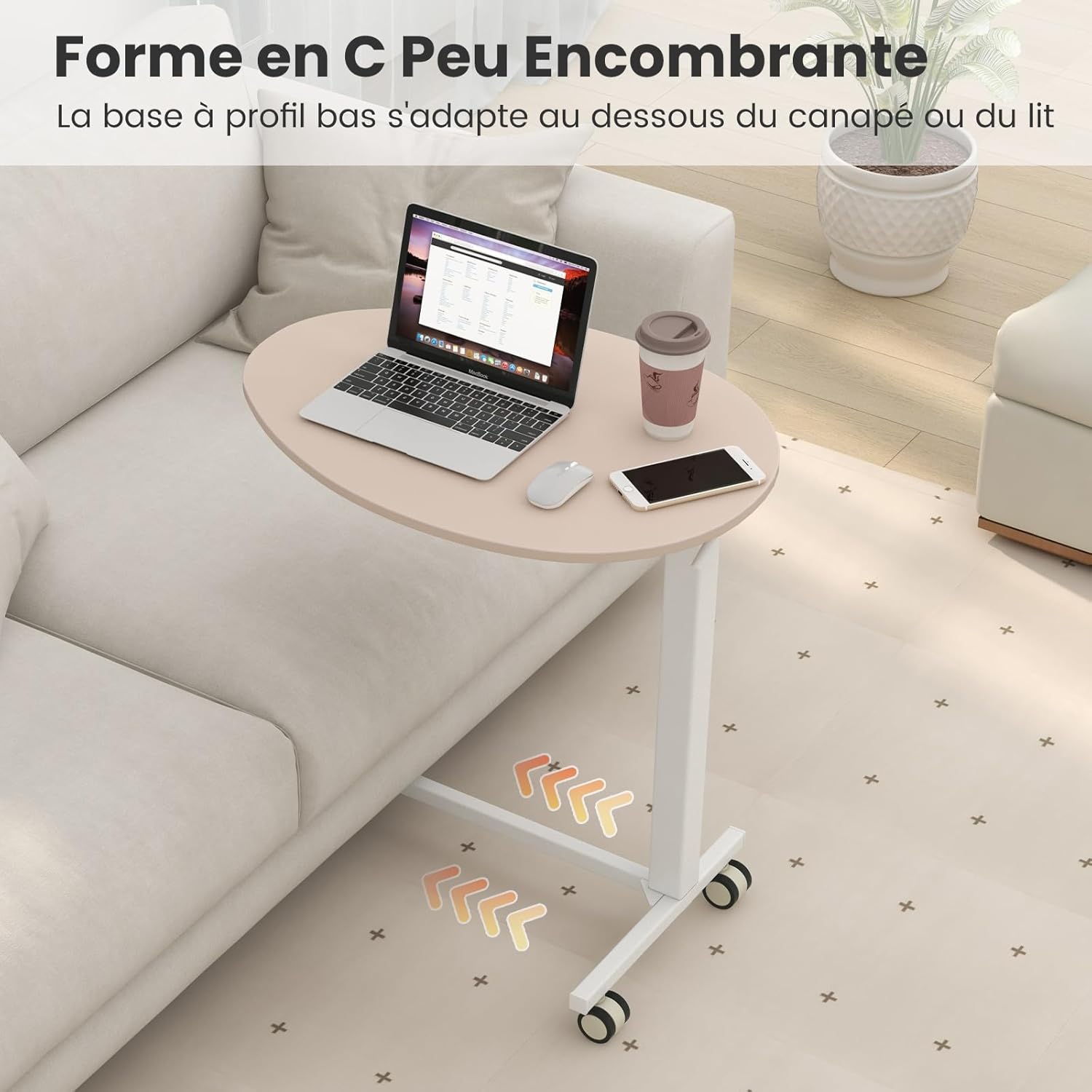 Tavolino da Letto e Divano per PC, Tavolino Regolabile in Altezza con Ruote Bloccabili e Piano Ovale, Tavolino per Mangiare e Lavorare, 76 x 5 - 5