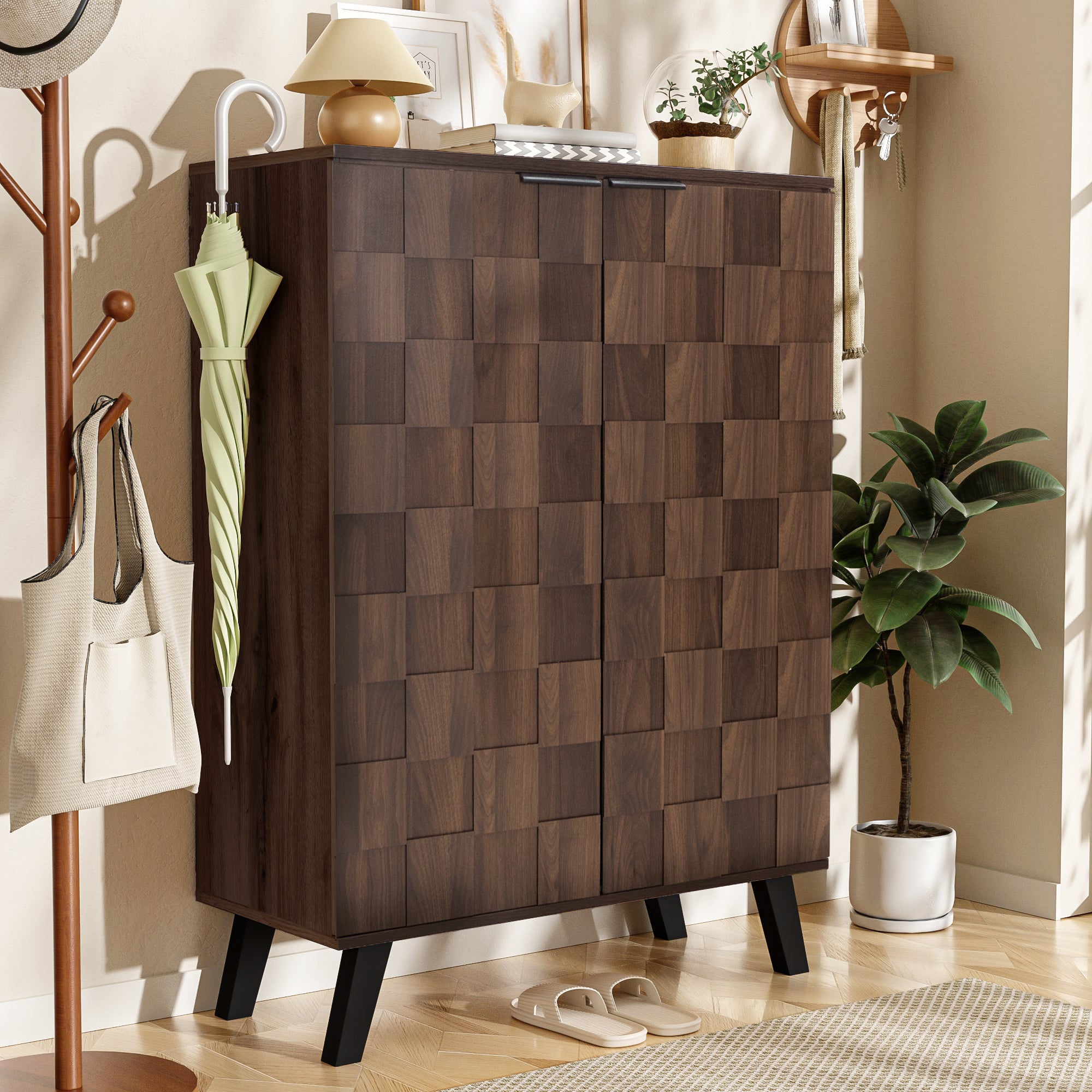 Nowoczesna szafa na buty 80x35x110cm - 2 fronty - 5 przegródek - Regulowane półki - Wykończenie imitujące drewno - Brązowy - 3