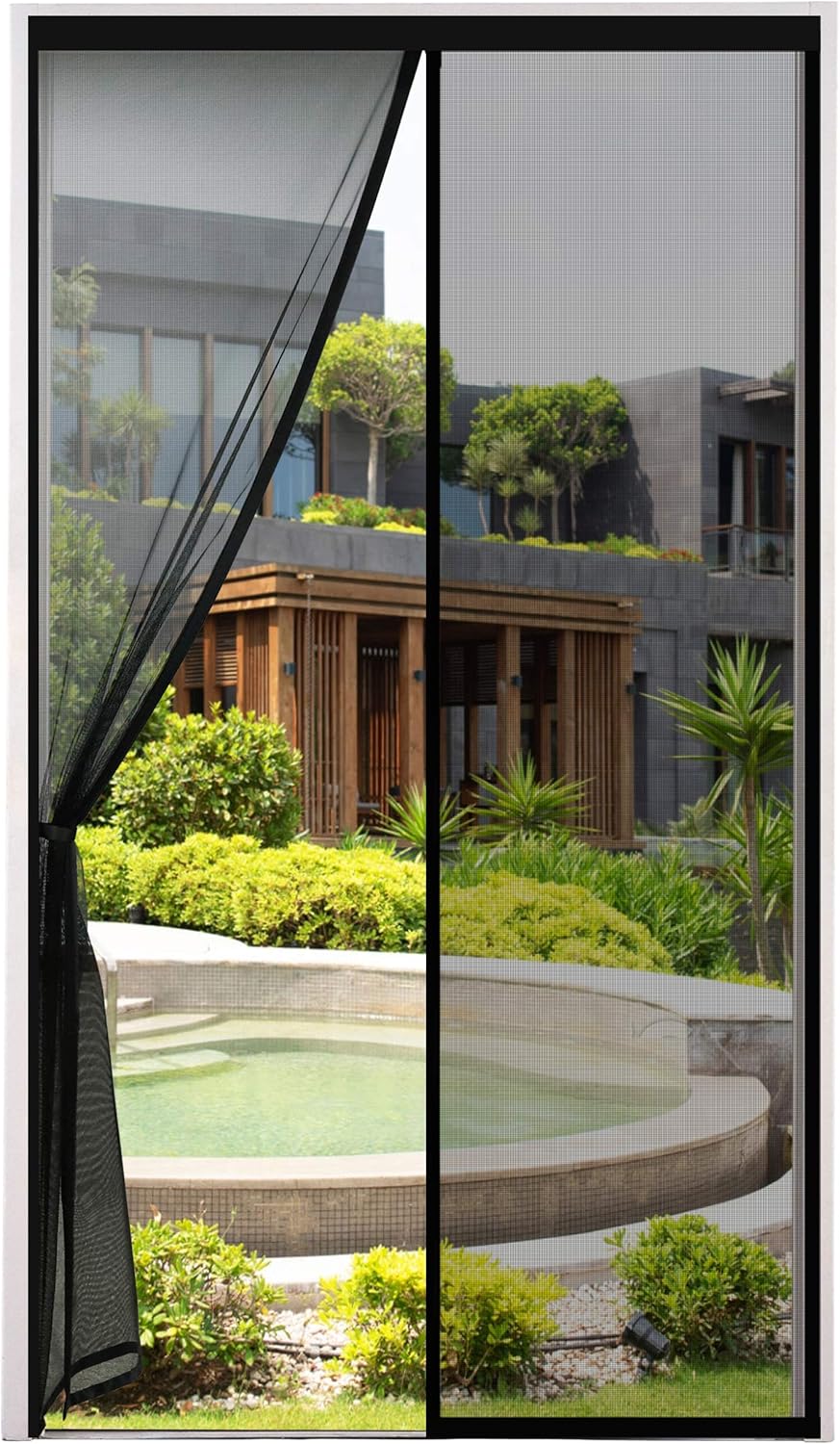 Czarna moskitiera na drzwi 100 x 220 cm, bardzo gęsta siatka magnetyczna, odstraszacz much i owadów, z taśmą klejącą, pręty magnetyczne, zamykana