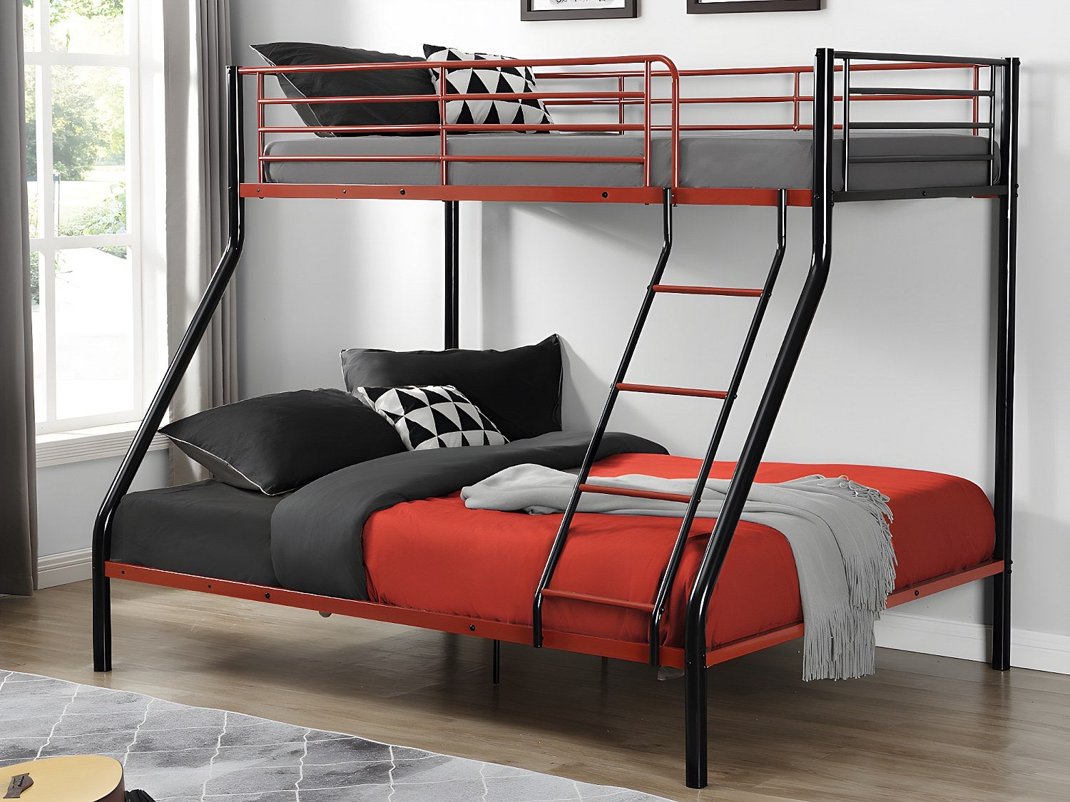 Łóżko piętrowe ELEVATIO IV - 90 i 140 × 190 cm - Stal - Czarny i czerwony + materace
