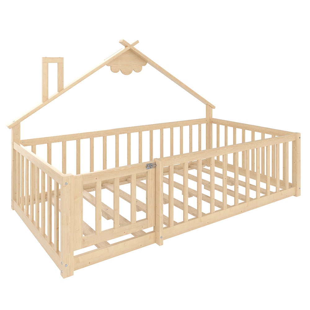 Lit cabane lit enfant 90x190 cm bordure barrière avec serrure bois de pin naturel - 5