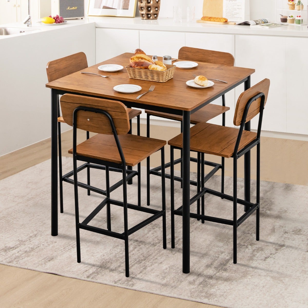 Ensemble Table Et Bancs Industriels 4 Personnes - Table 110x70 Cm, Bancs Encastrables, Style Rustique