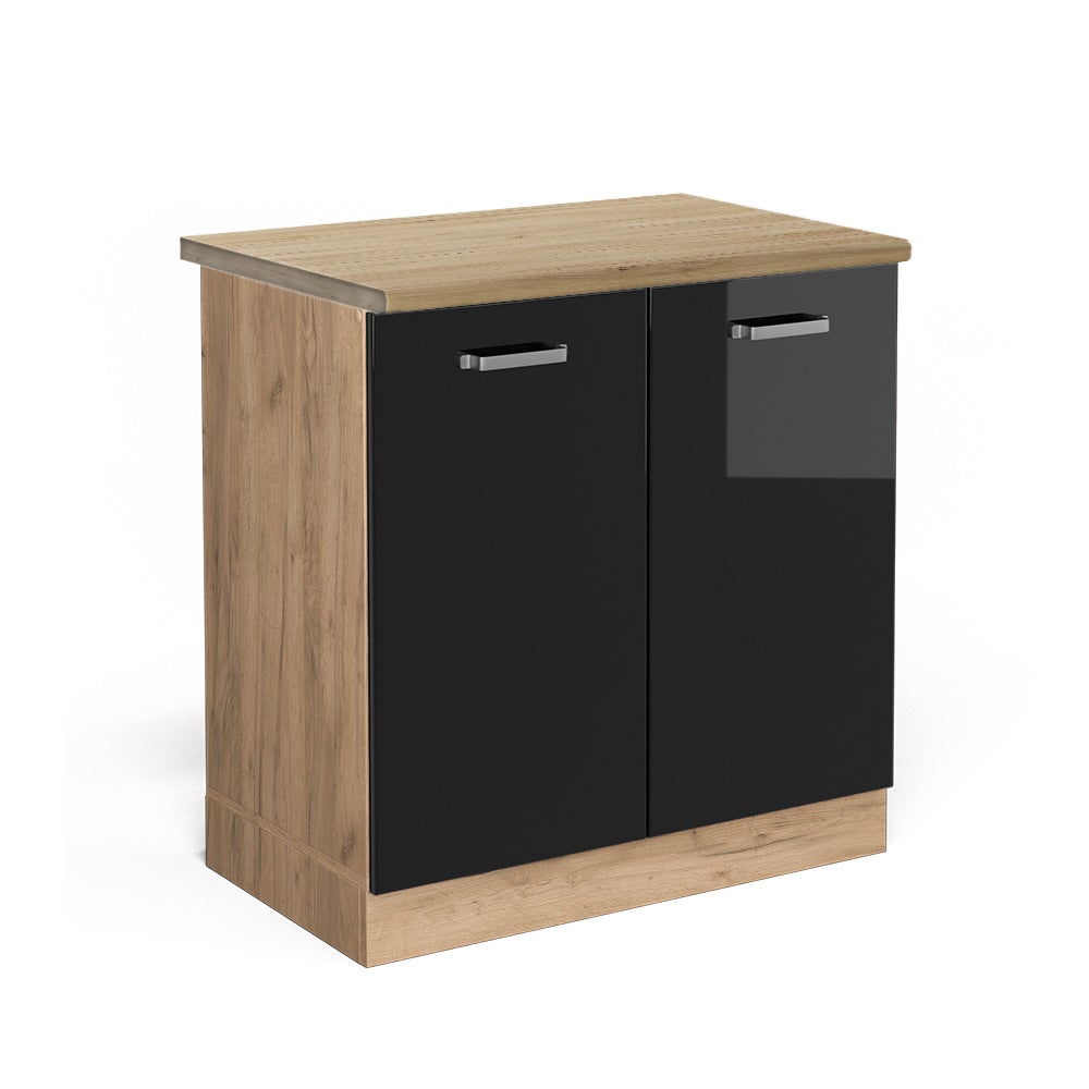 Vicco Szafka pod zlew R-Line, Czarny wysoki połysk, 80 cm , BP Dąb