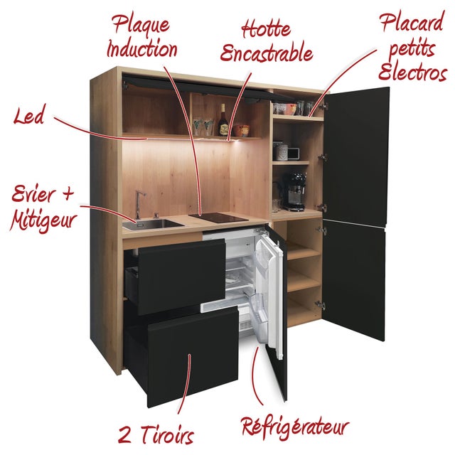 Kitchenette / Mini-Cuisine ARCHE 186cm Noire VALINO - INCLUS : Plaque de cuisson, Hotte, Évier, Robinetterie, Led + Réfrigérateur
