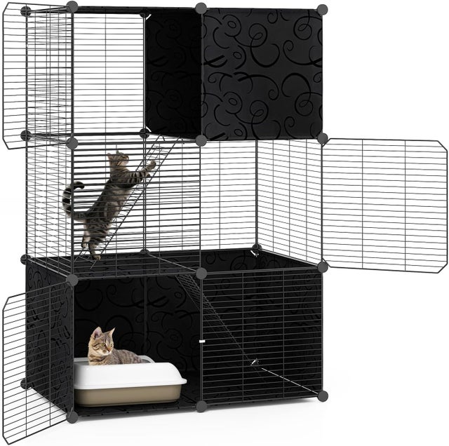 Gaiola para gatos de interior, recinto para gatos em arame metálico modular com 3 portas e 2 escadas, quarto, sala de estar (74 x 47 x 110 cm)