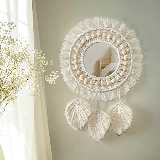 Lustro ścienne 1szt, lustro Boho Macramé Fringe z zawieszką Boi Bead Feather (beżowe)