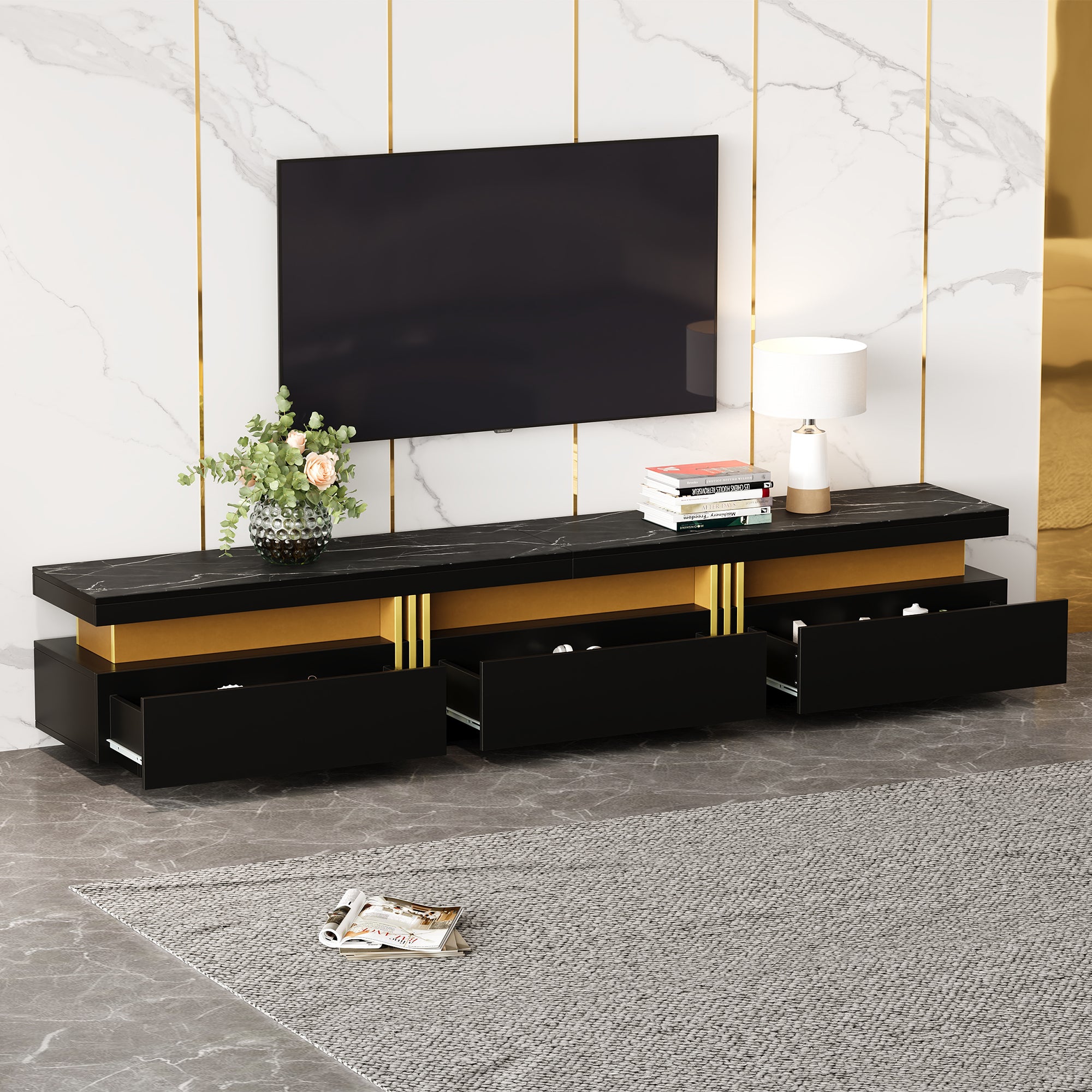 Nowoczesna szafka RTV 200 cm - z 3 szufladami - efekt marmuru - czarna - 2